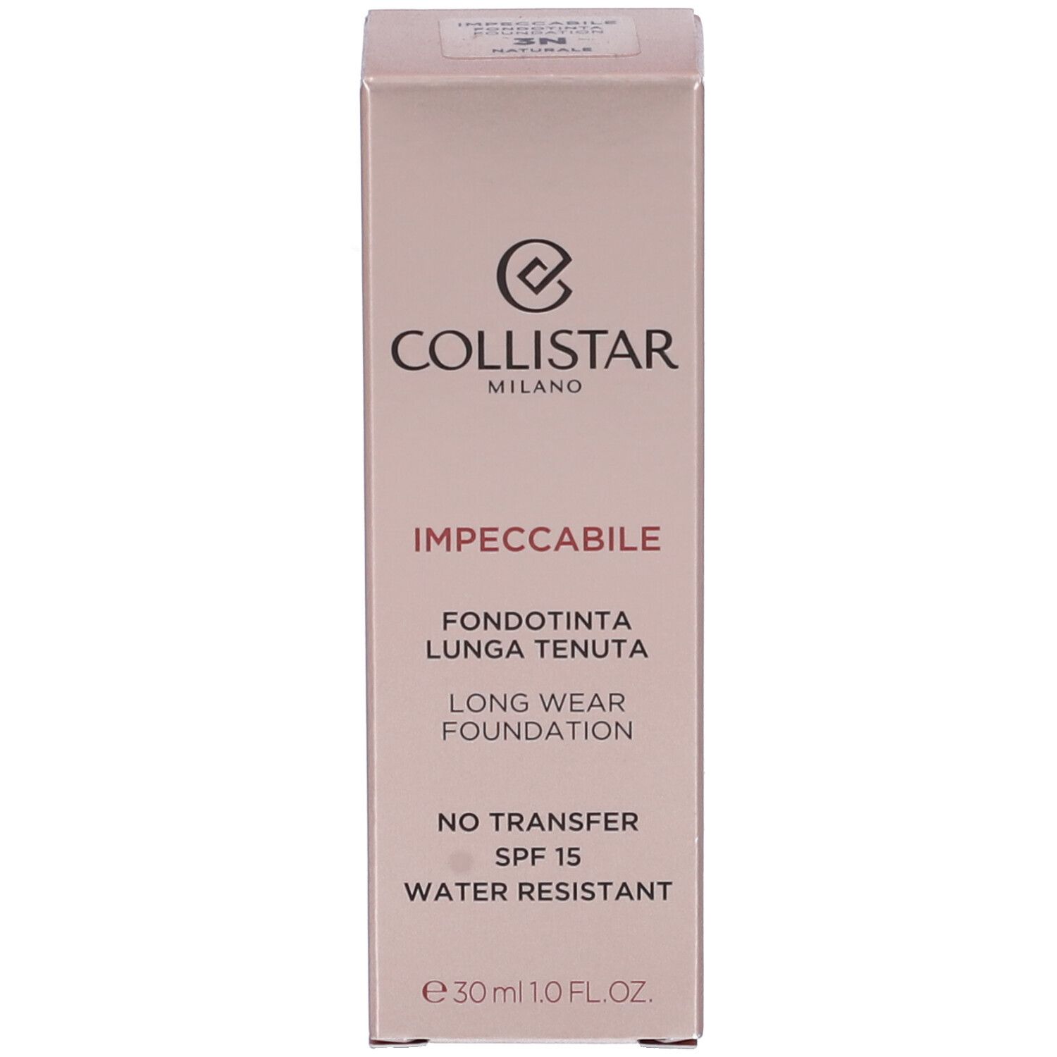 Confezione rosa con scritte: COLLISTAR, IMPECCABILE, FONDOTINTA LUNGA TENUTA, LONG WEAR FOUNDATION, NO TRANSFER, SPF 15, WATER RESISTANT, e 30 ml.
