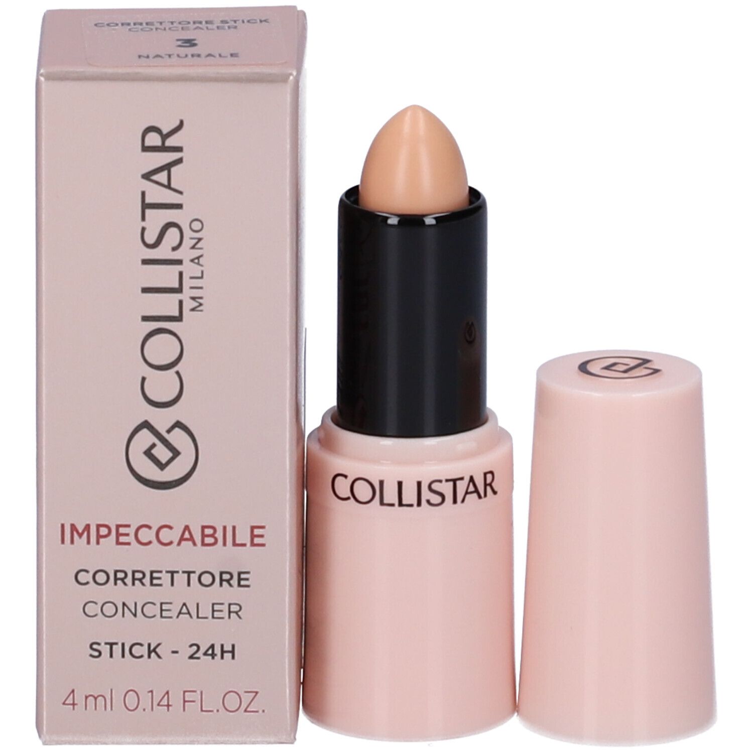 Beiger Korrekturstift, rosafarbene Verpackung. Text: COLLISTAR, IMPECCABILE CORRETTORE STICK, 3 NATURALE, 4 ml.