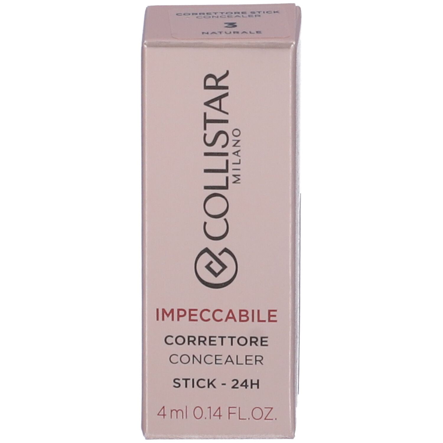 Rosafarbene Verpackung. Text: COLLISTAR, IMPECCABILE CORRETTORE STICK, 3 NATURALE, 4 ml.