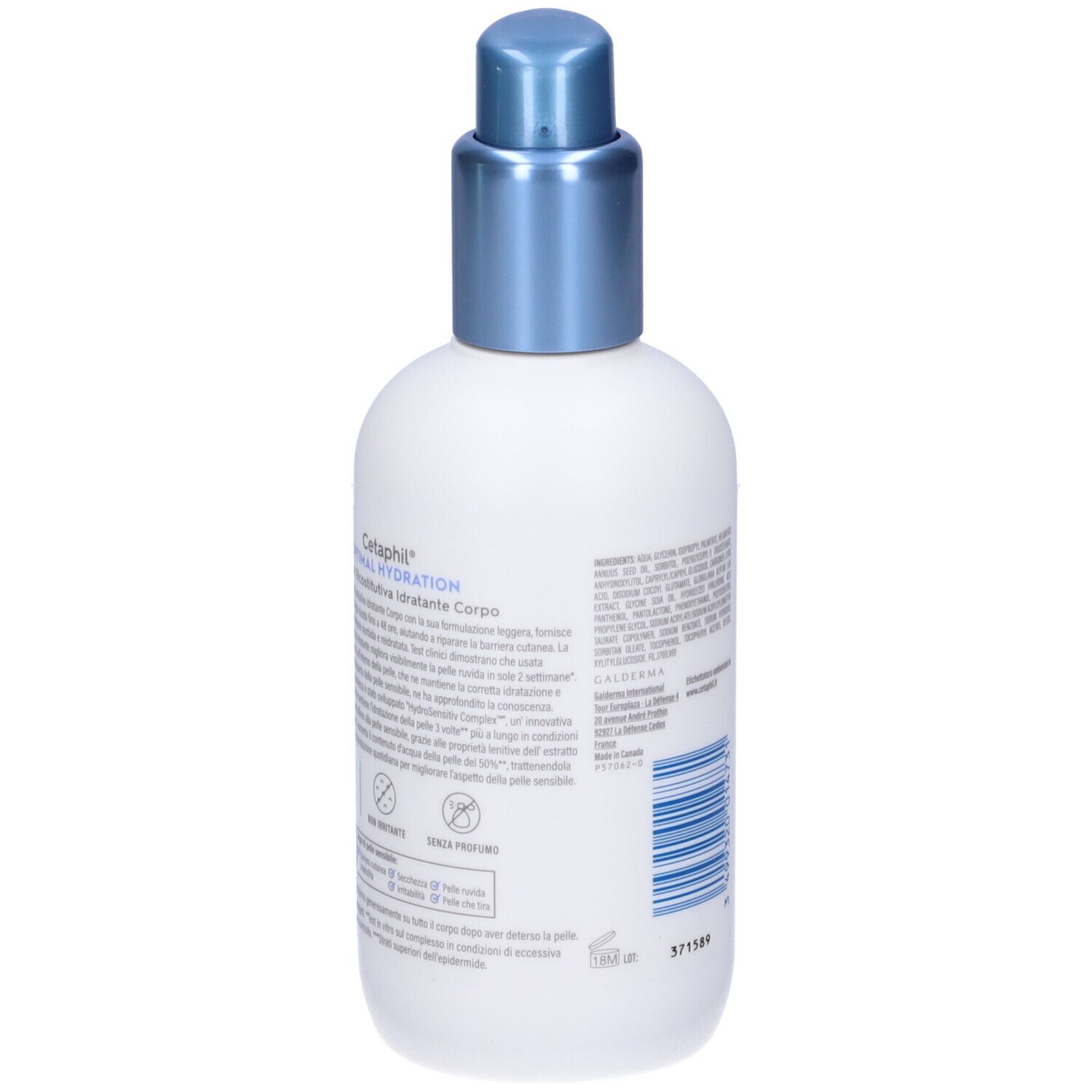 Weiße Flasche mit blauem Pumpkopf. Text auf der Rückseite. Text in italienischer Sprache.