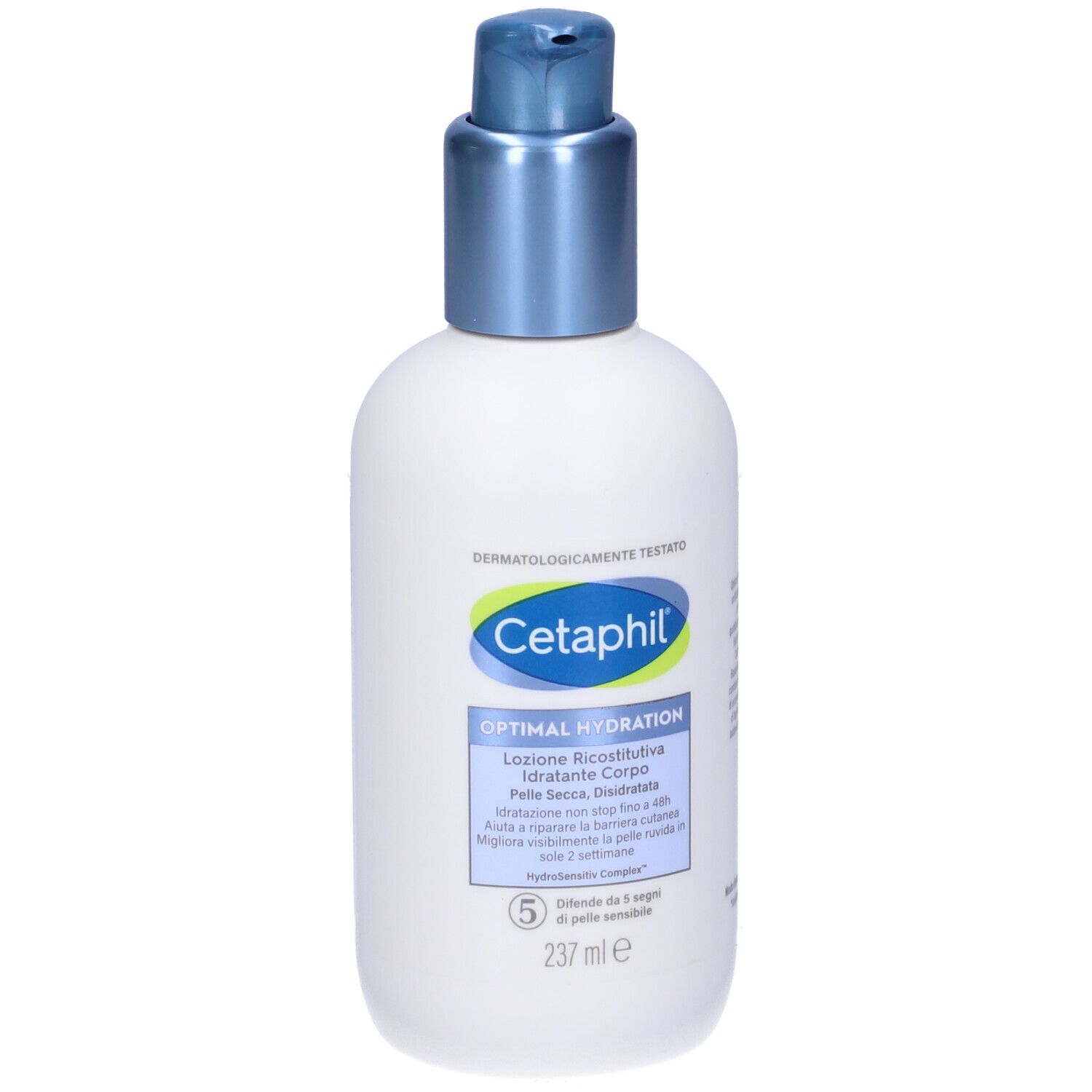 Weiße Flasche mit blauem Pumpkopf. Aufschrift Cetaphil Optimal Hydration. Text in italienischer Sprache.
