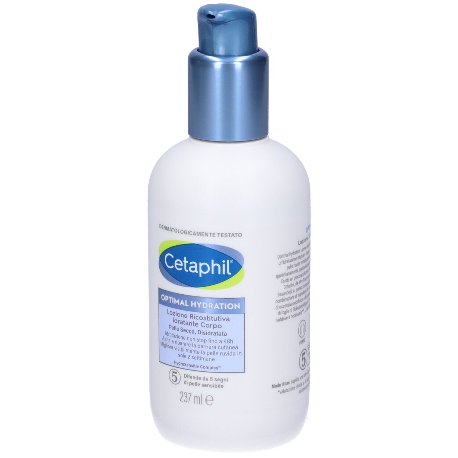 Weiße Flasche mit blauem Pumpkopf. Aufschrift Cetaphil Optimal Hydration. Text in italienischer Sprache.