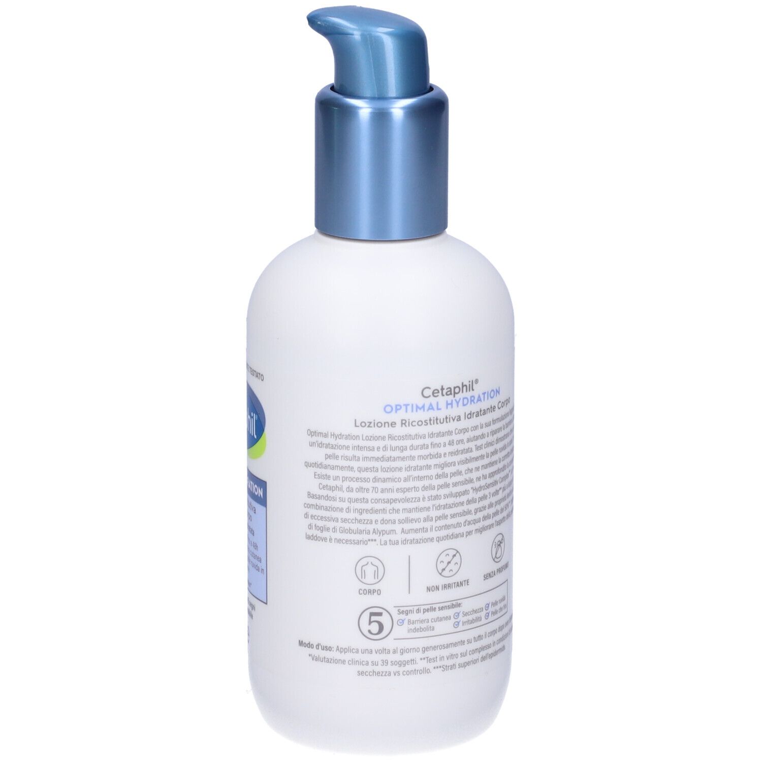 Weiße Flasche mit blauem Pumpkopf. Text auf der Rückseite. Text in italienischer Sprache.