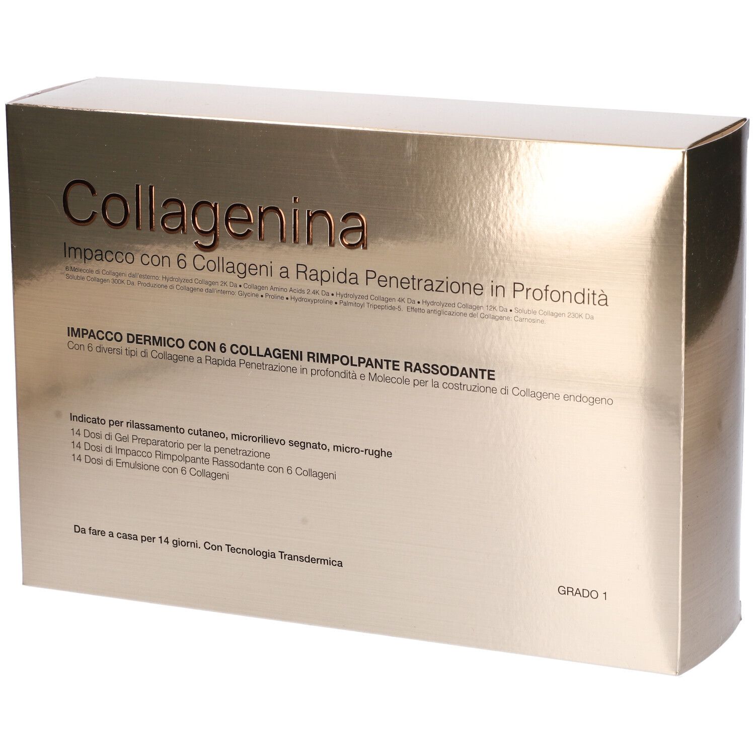 Scatola dorata con nome prodotto Collagenina. Testo in italiano. Grado 1.