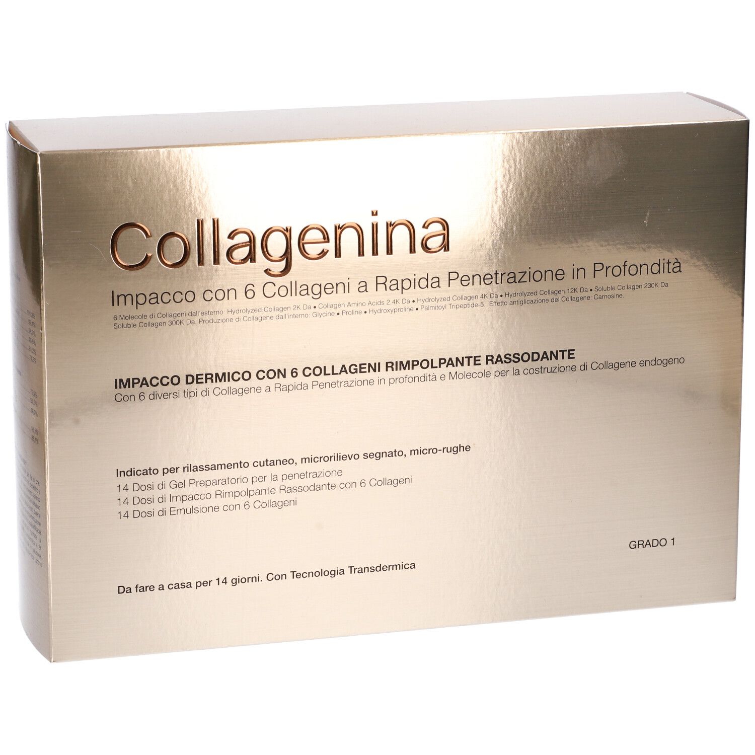 Scatola dorata con nome prodotto Collagenina. Testo in italiano. Grado 1.