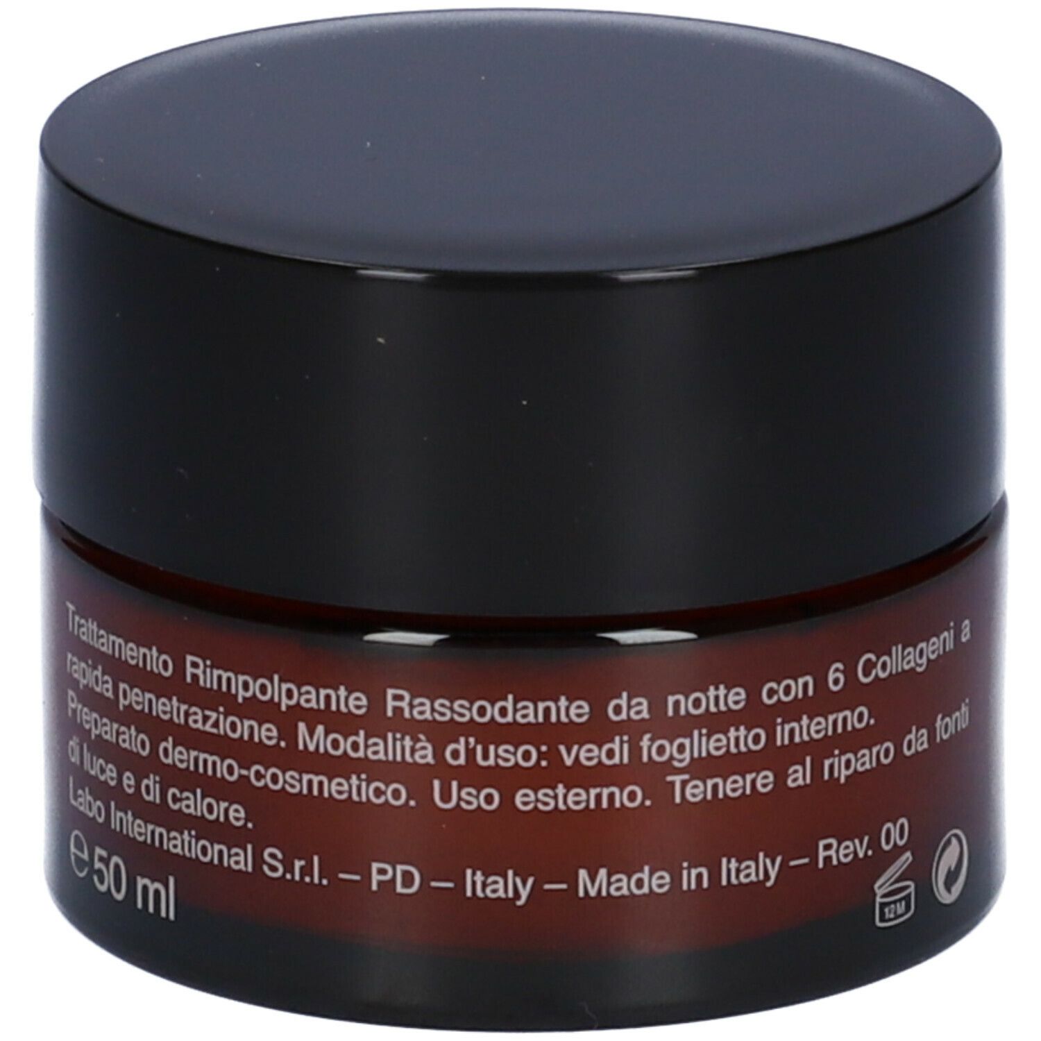 Vaso di crema marrone con coperchio nero. Testo in italiano. Scritta: e 50 ml. Labo International S.r.l.