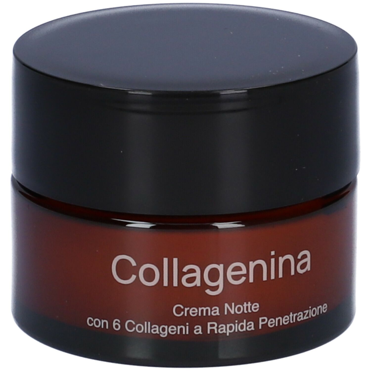 Vaso di crema marrone con coperchio nero. Scritta: Collagenina, Crema Notte, con 6 Collageni a Rapida Penetrazione.
