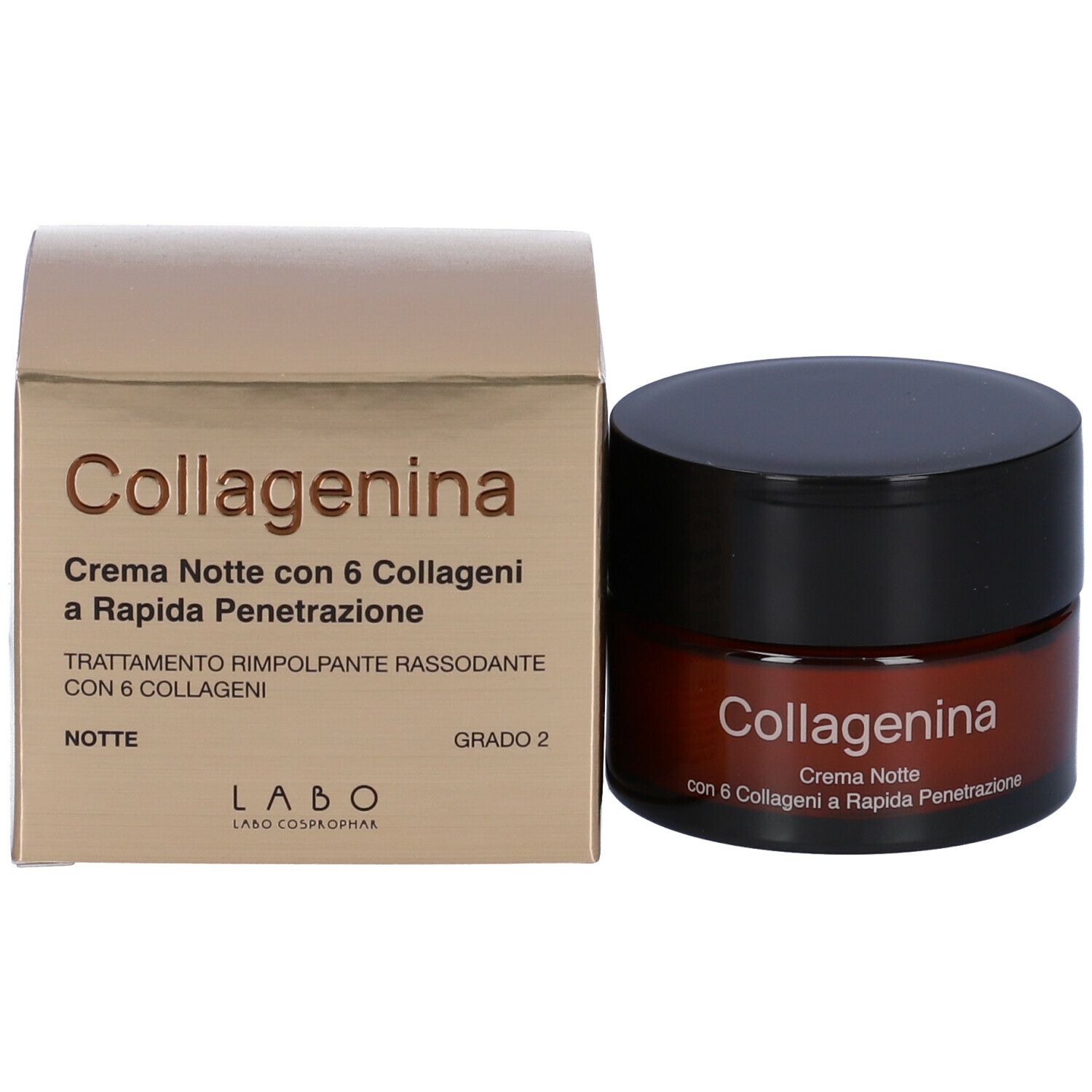 Vaso di crema e confezione. Scritta: Collagenina, Crema Notte con 6 Collageni a Rapida Penetrazione. Grado 2.