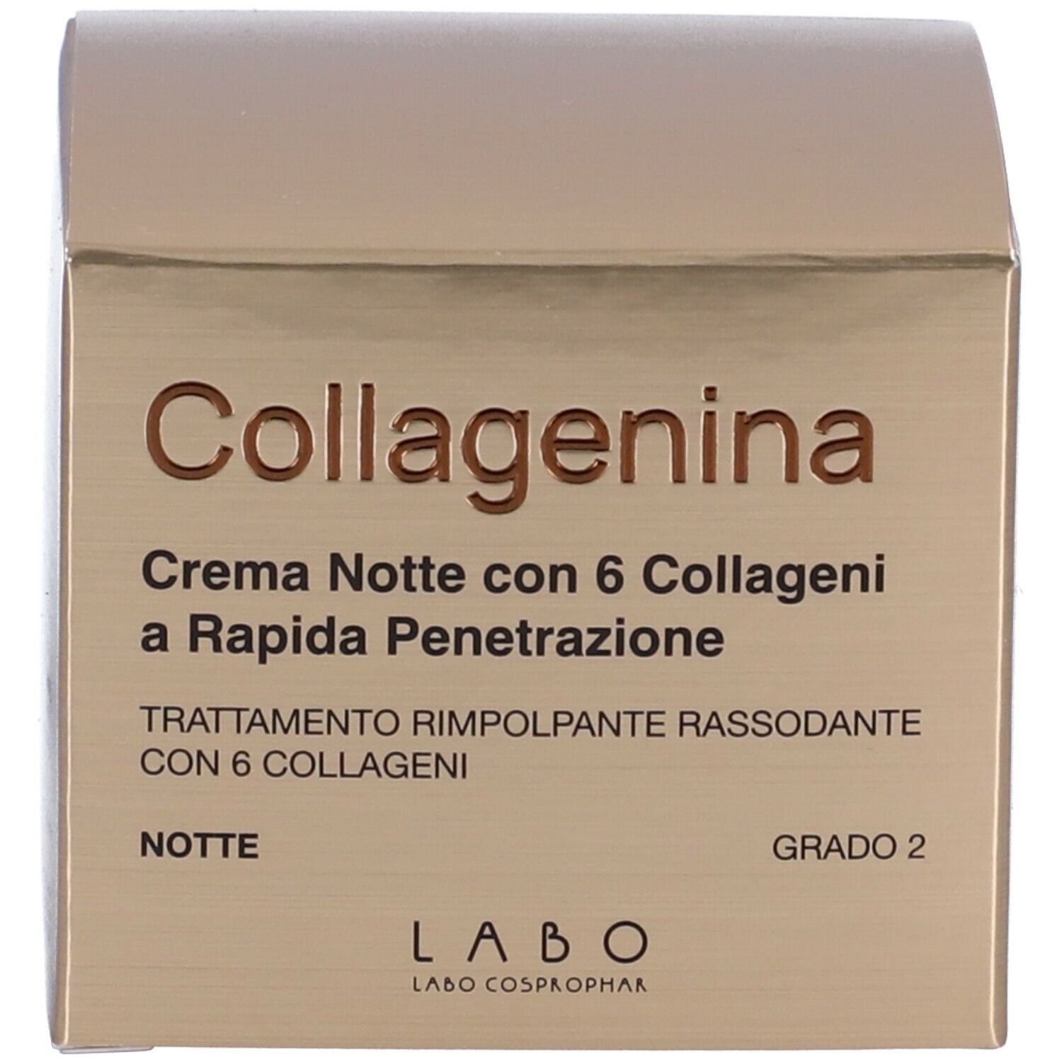 Confezione. Scritta: Collagenina, Crema Notte con 6 Collageni a Rapida Penetrazione. Grado 2. Labo.