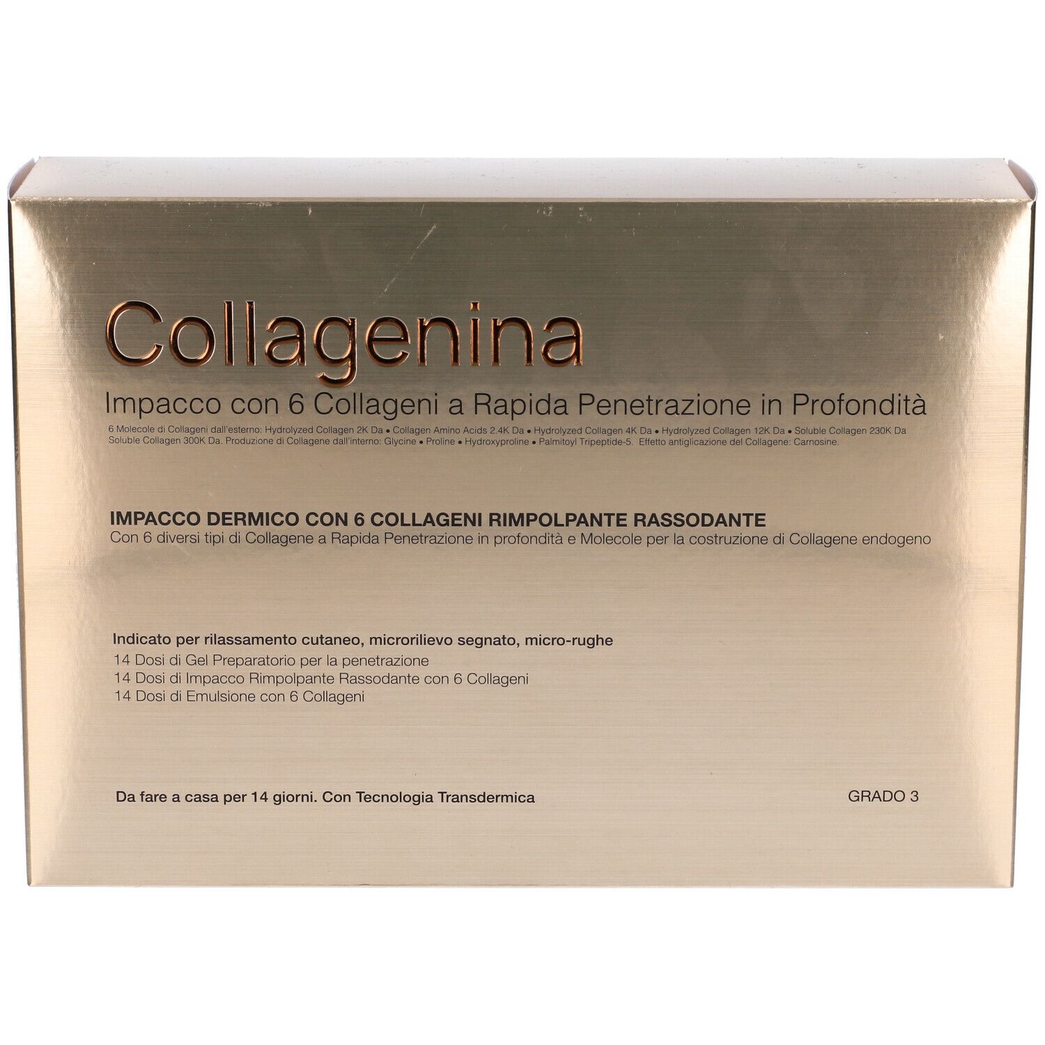 Scatola dorata con nome prodotto Collagenina. Testo in italiano. Scritto: Impacco con 6 Collageni a Rapida Penetrazione in Profondità.