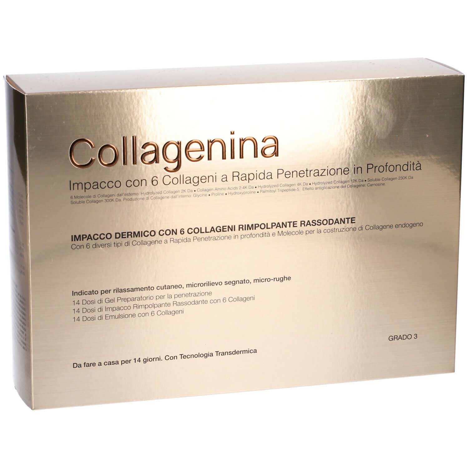 Scatola dorata con nome prodotto Collagenina. Testo in italiano. Scritto: Impacco con 6 Collageni a Rapida Penetrazione in Profondità.