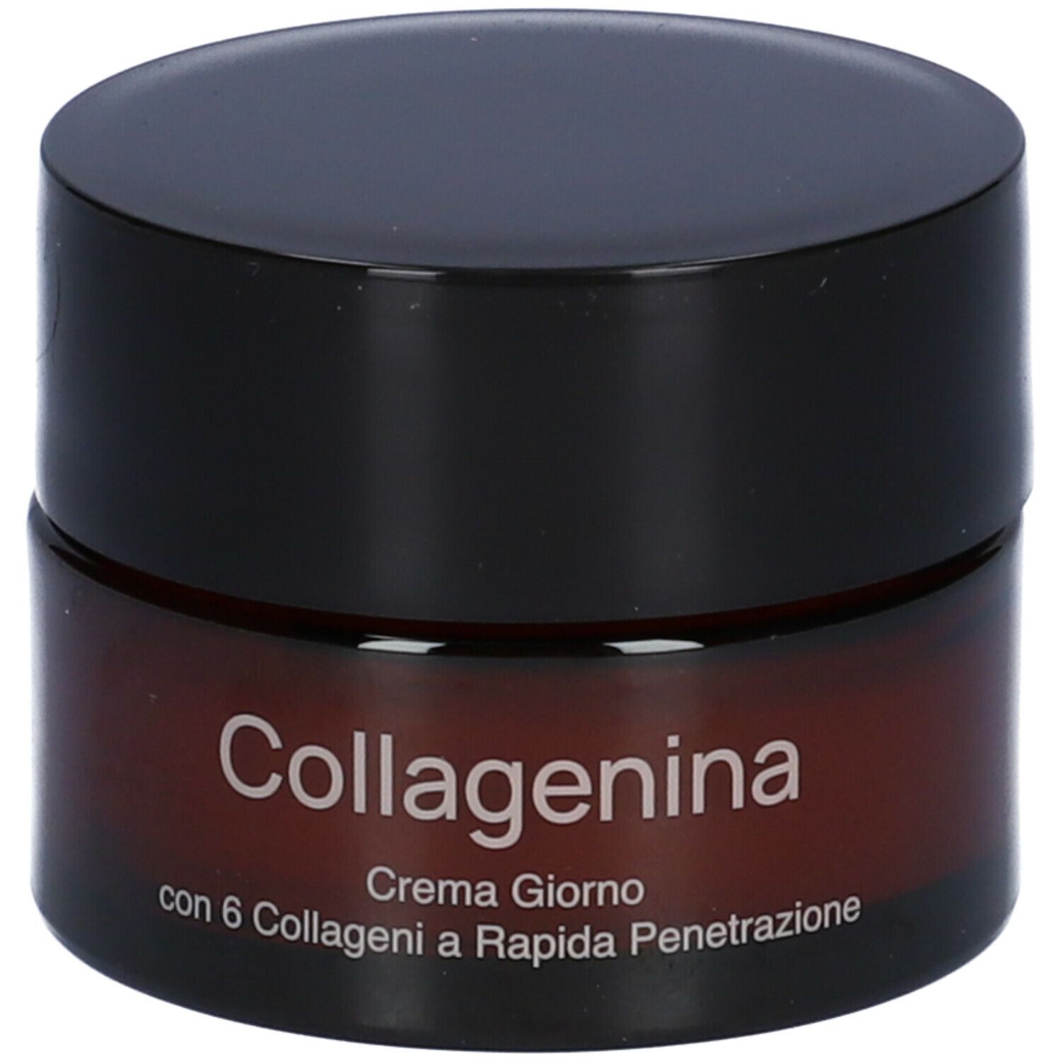 Vaso di crema marrone con coperchio nero. Scritta: Collagenina, Crema Giorno con 6 Collageni a Rapida Penetrazione.