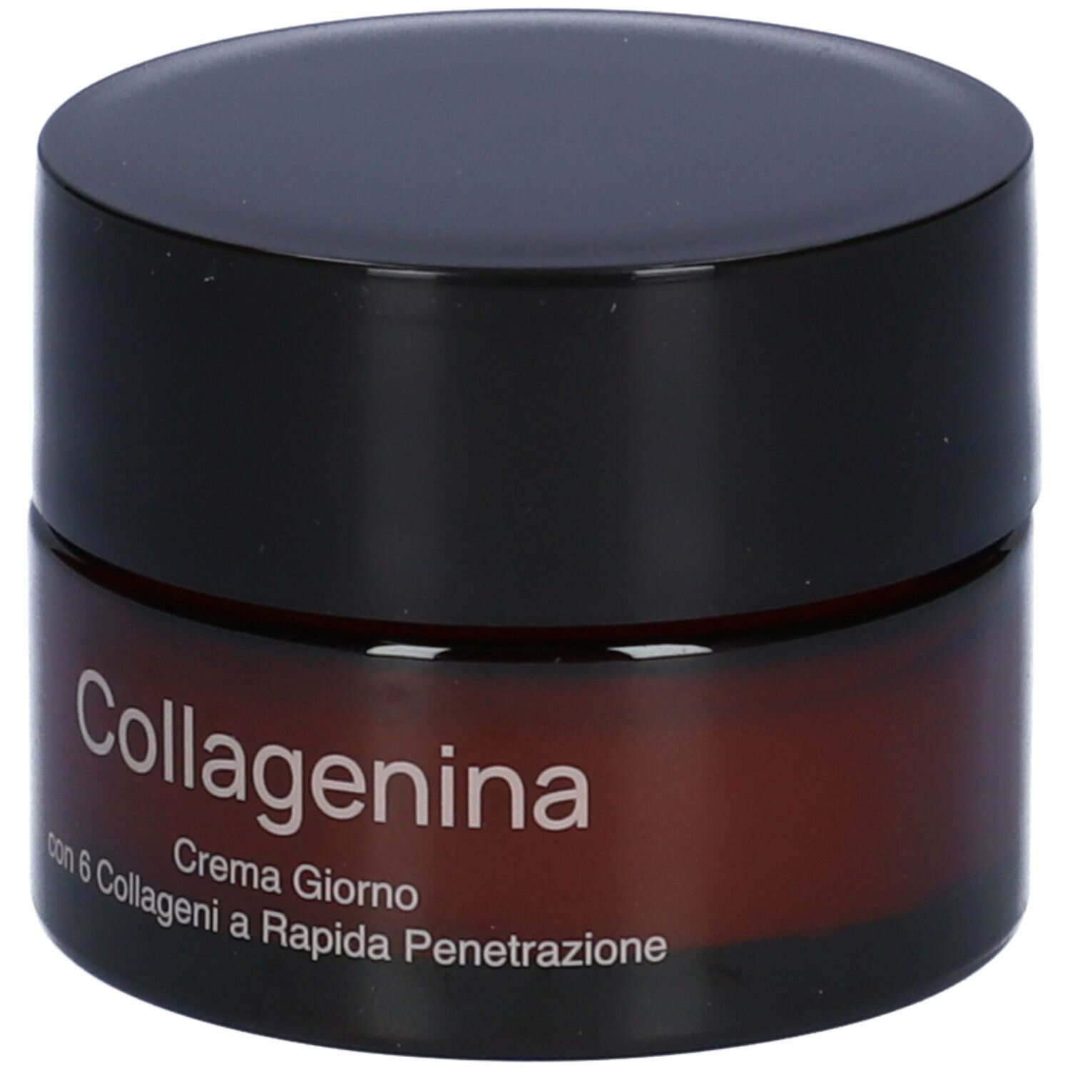 Vaso di crema marrone con coperchio nero. Scritta: Collagenina, Crema Giorno con 6 Collageni a Rapida Penetrazione.