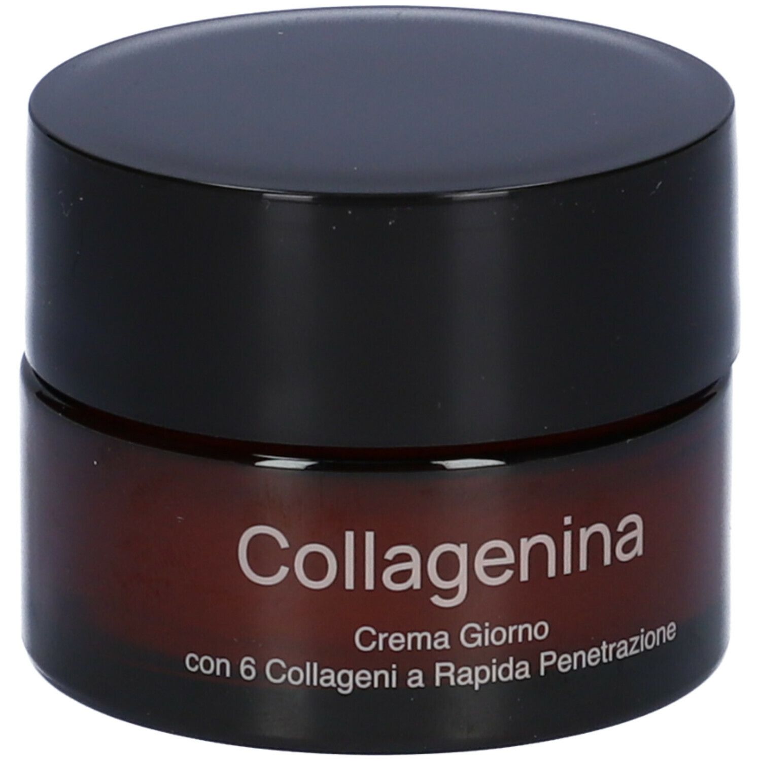 Vaso di crema marrone con coperchio nero. Scritta: Collagenina, Crema Giorno con 6 Collageni a Rapida Penetrazione.