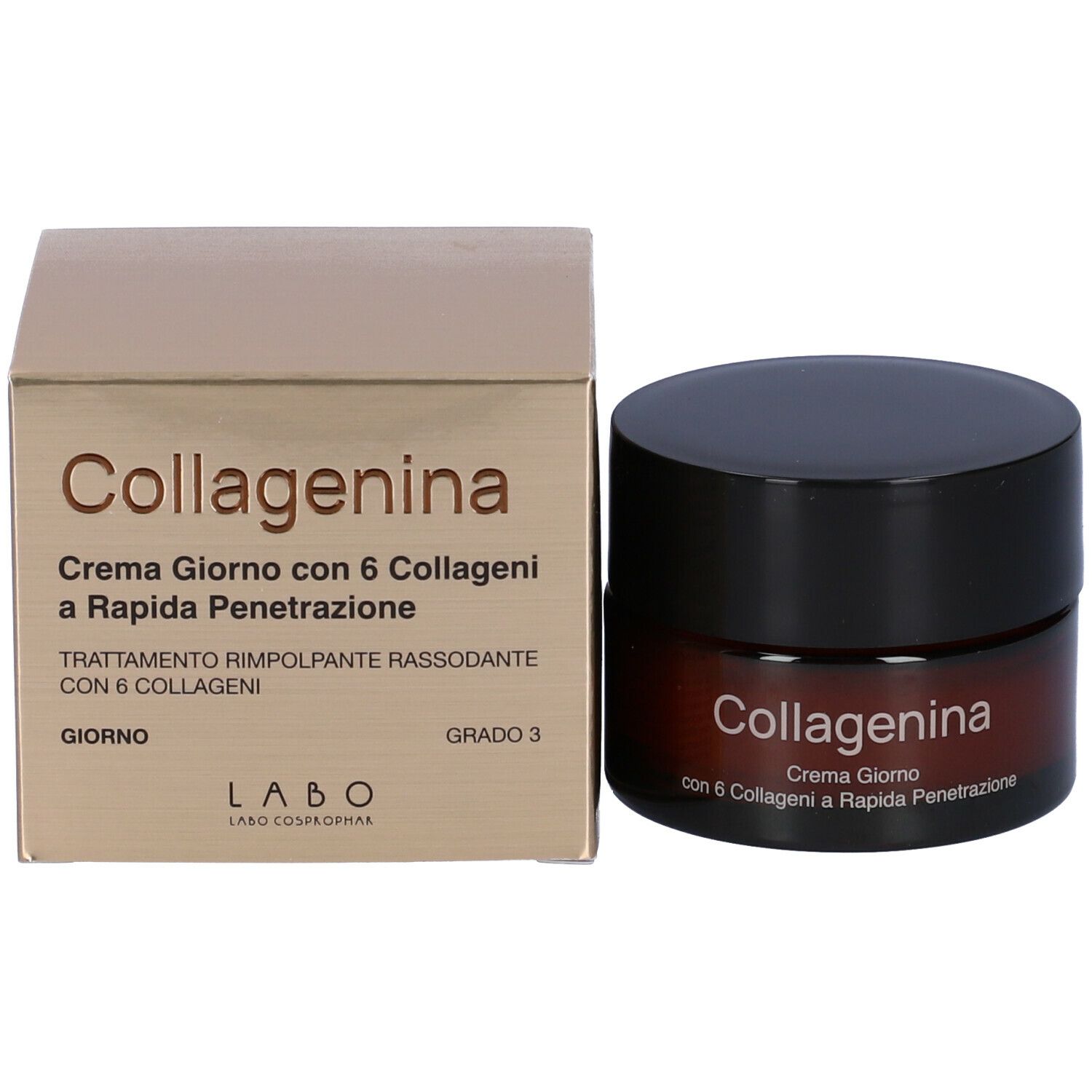 Confezione del prodotto e vaso di crema. Scritta: Collagenina, Crema Giorno con 6 Collageni a Rapida Penetrazione. Marchio: LABO.