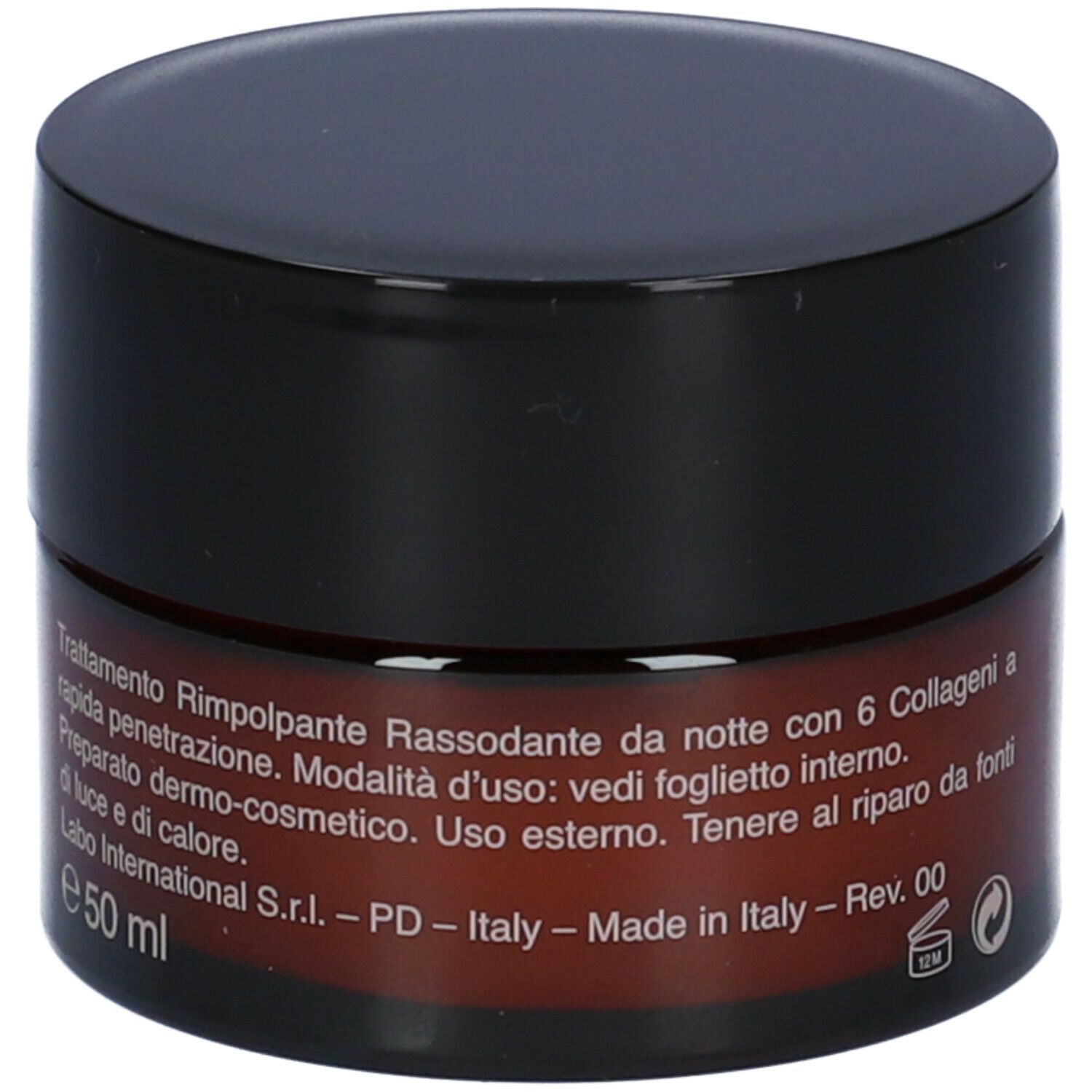 Vaso di crema con coperchio nero. Scritta Collagenina, Crema Notte, con 6 Collageni a Rapida Penetrazione. Testo sul retro.