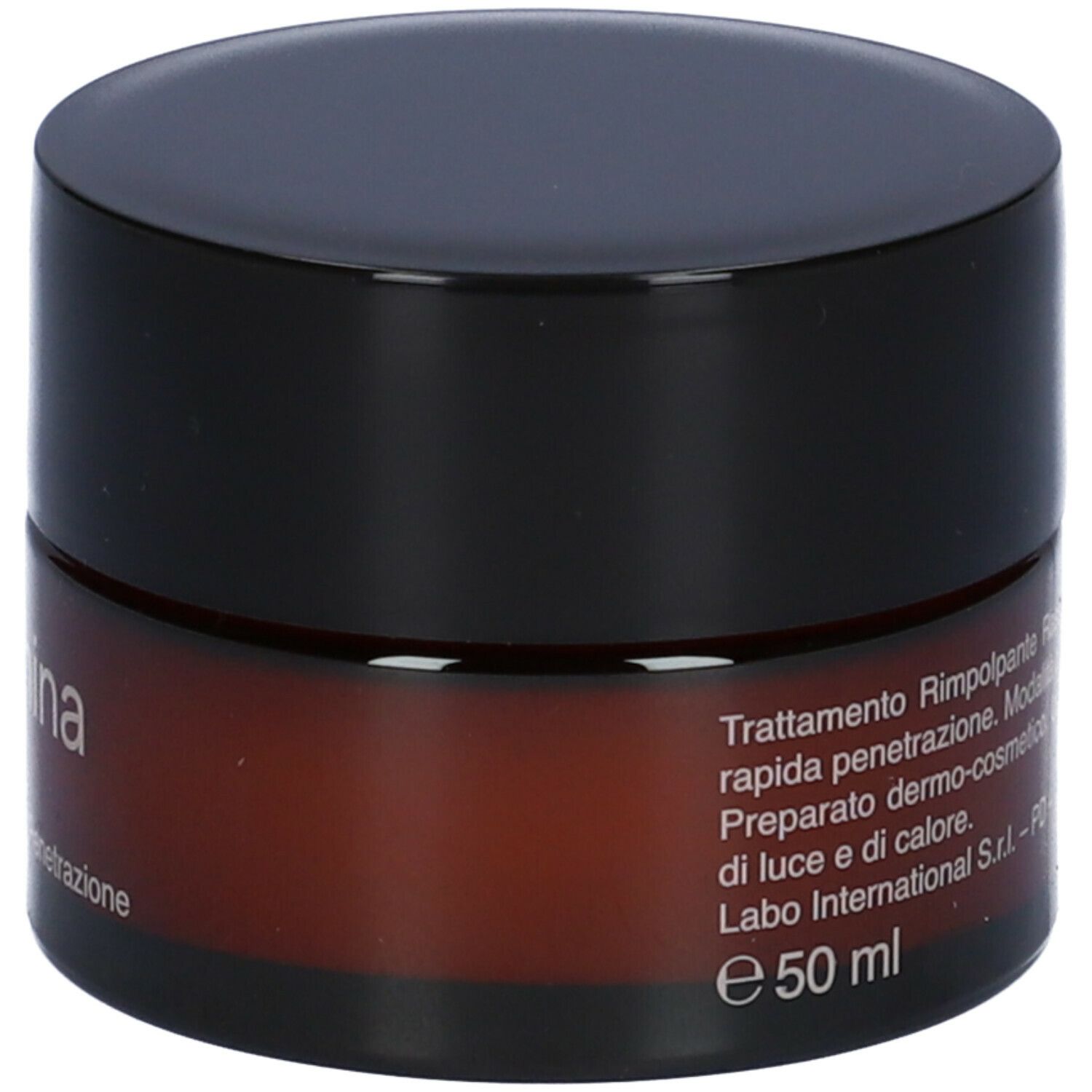 Vaso di crema con coperchio nero. Scritta Collagenina, Crema Notte, con 6 Collageni a Rapida Penetrazione. Volume 50 ml.