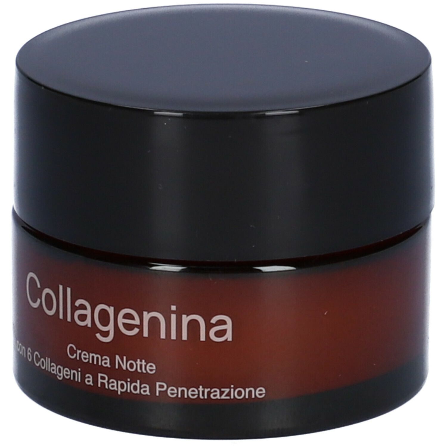 Vaso di crema con coperchio nero. Scritta Collagenina, Crema Notte, con 6 Collageni a Rapida Penetrazione.