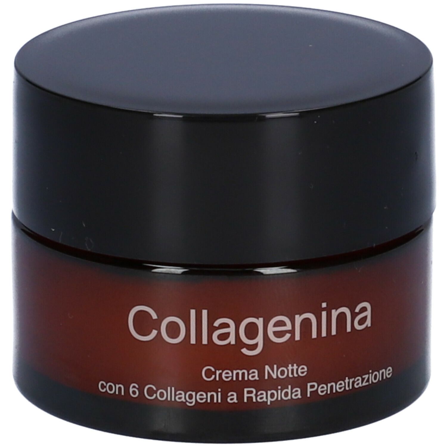 Vaso di crema con coperchio nero. Scritta Collagenina, Crema Notte, con 6 Collageni a Rapida Penetrazione.