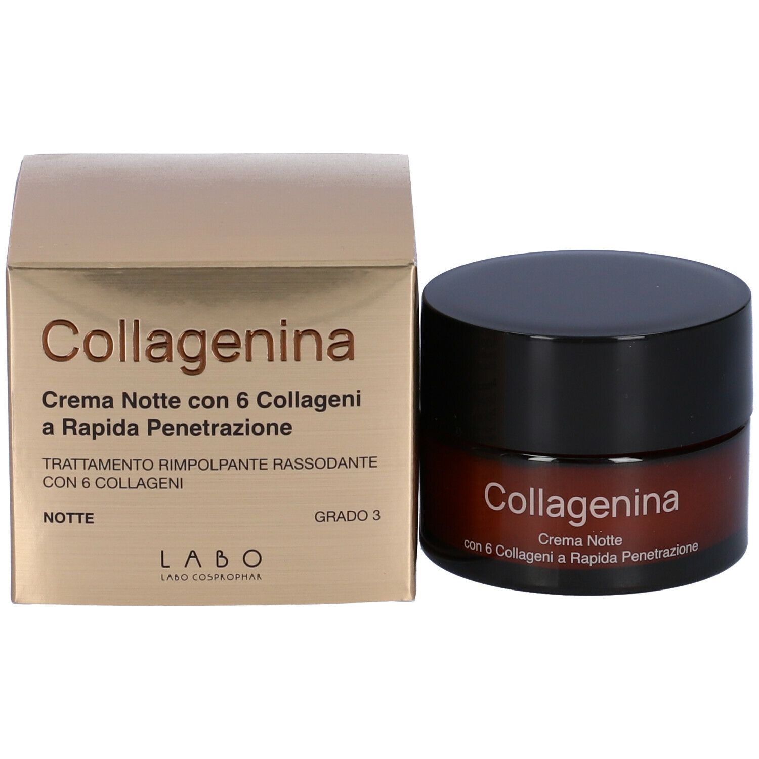 Vaso di crema e confezione. Scritta Collagenina, Crema Notte, con 6 Collageni. Grado 3. LABO.