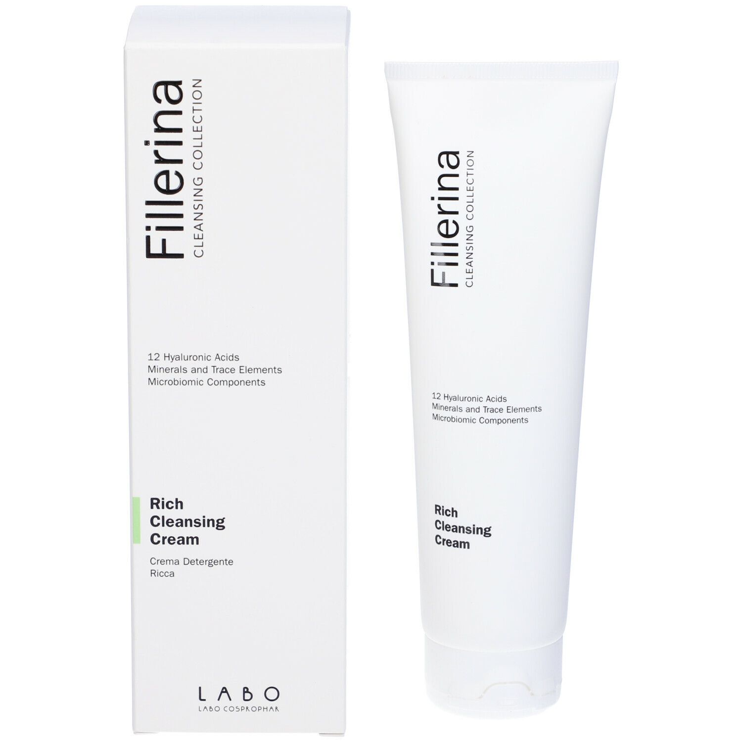 Confezione del prodotto con tubo e scatola. "Fillerina" e "Rich Cleansing Cream" visibili.