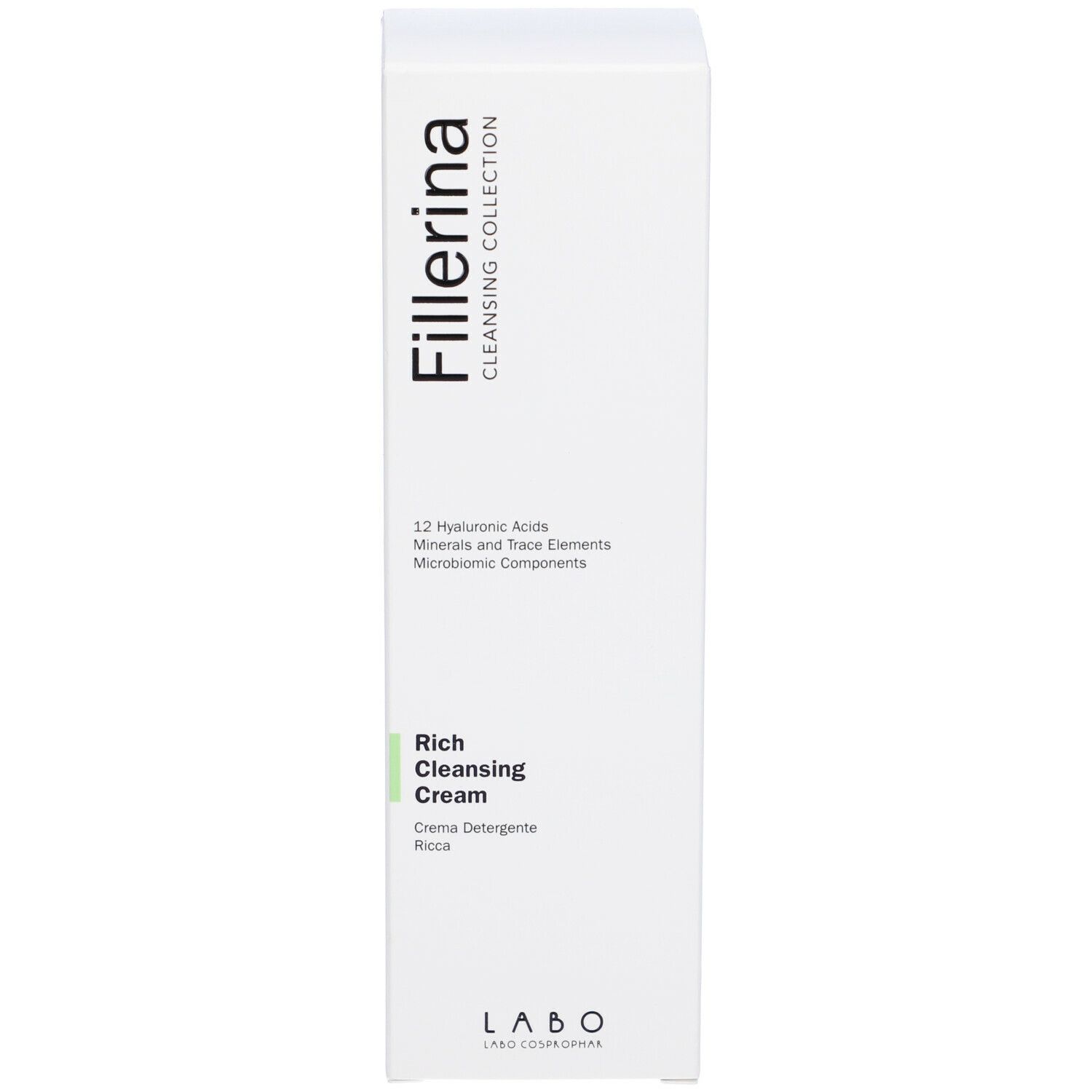 Scatola bianca con logo "Fillerina" e "Rich Cleansing Cream". Testo in italiano.