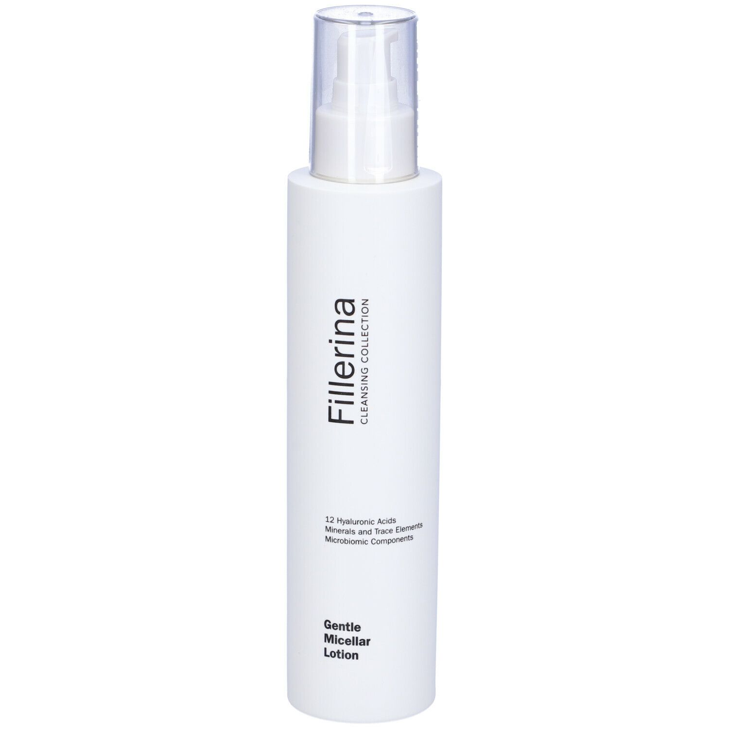 Flacone bianco con erogatore a spruzzo. Scritta Fillerina, Gentle Micellar Lotion. Testo e loghi sul flacone.