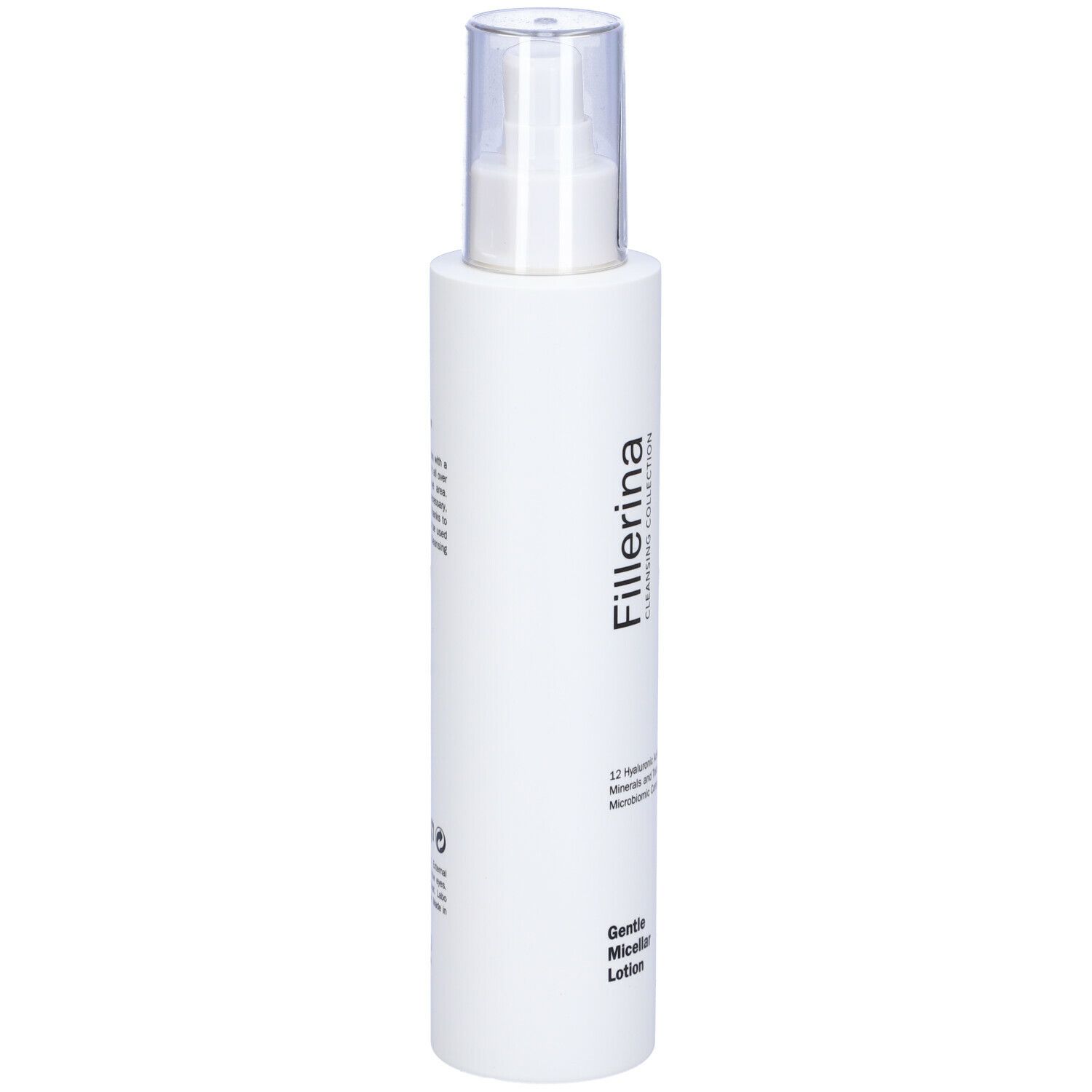 Flacone bianco con erogatore a spruzzo. Scritta Fillerina, Gentle Micellar Lotion. Testo e loghi sul flacone.