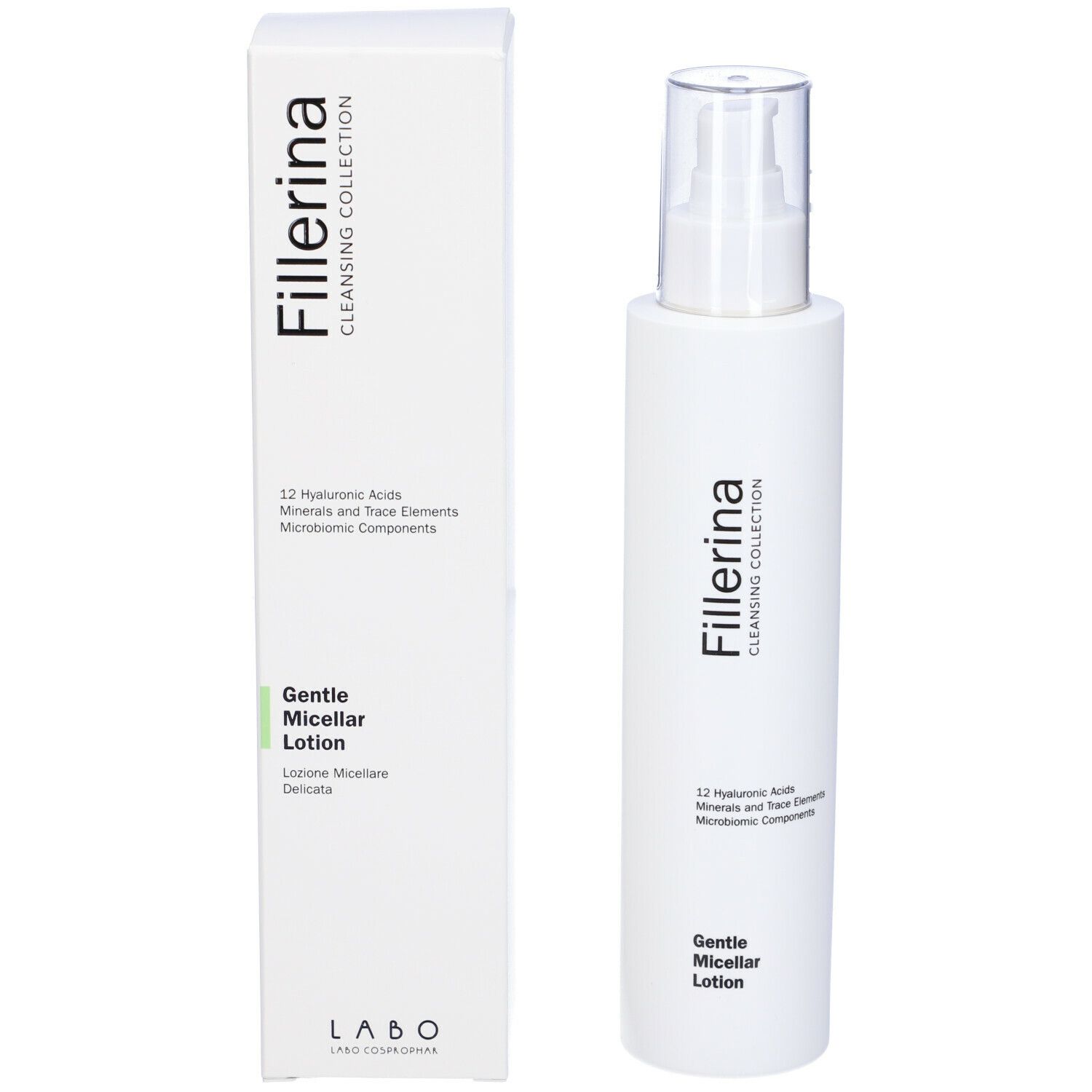 Confezione e flacone. Scritta Fillerina, Gentle Micellar Lotion. Testo e loghi sulla confezione.