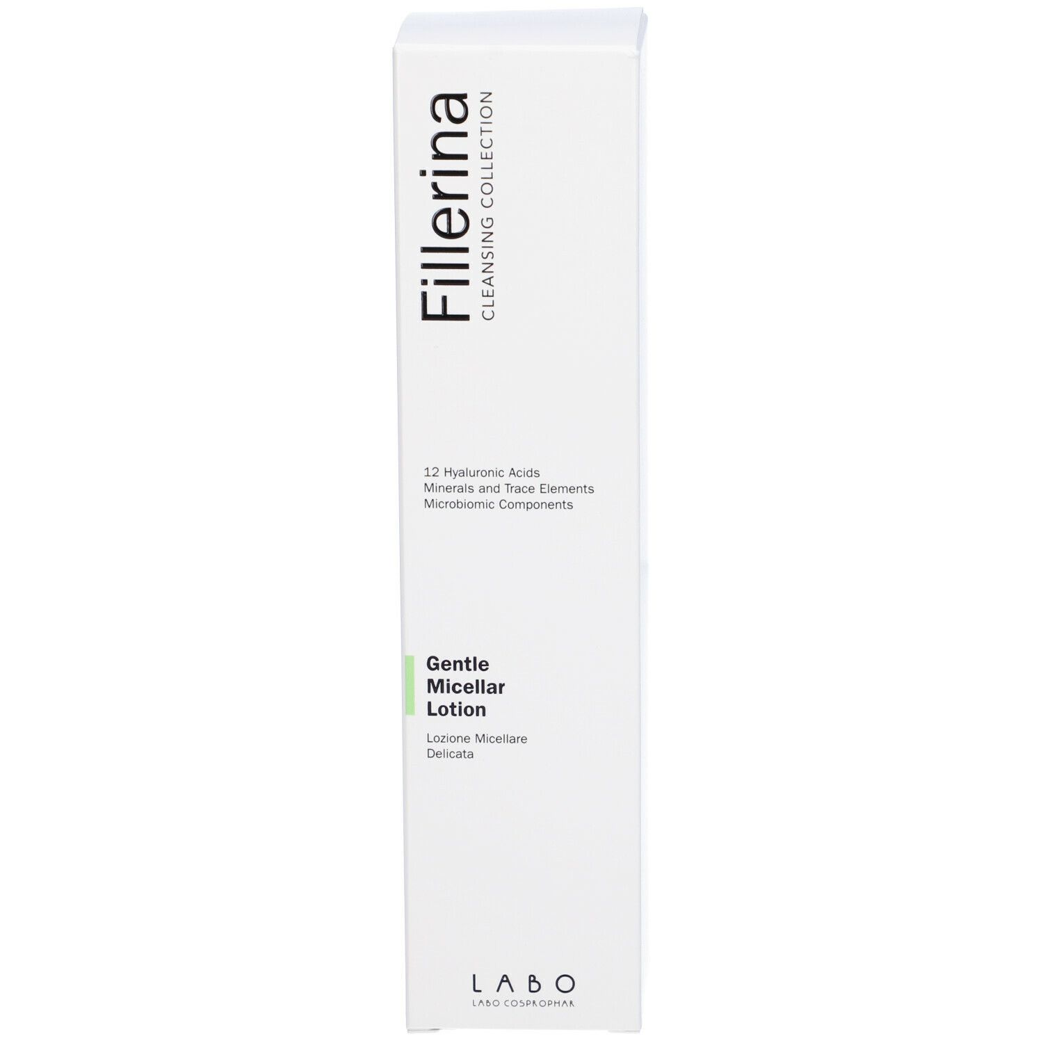 Confezione del prodotto. Scritta Fillerina, Gentle Micellar Lotion. Testo e loghi sulla confezione.