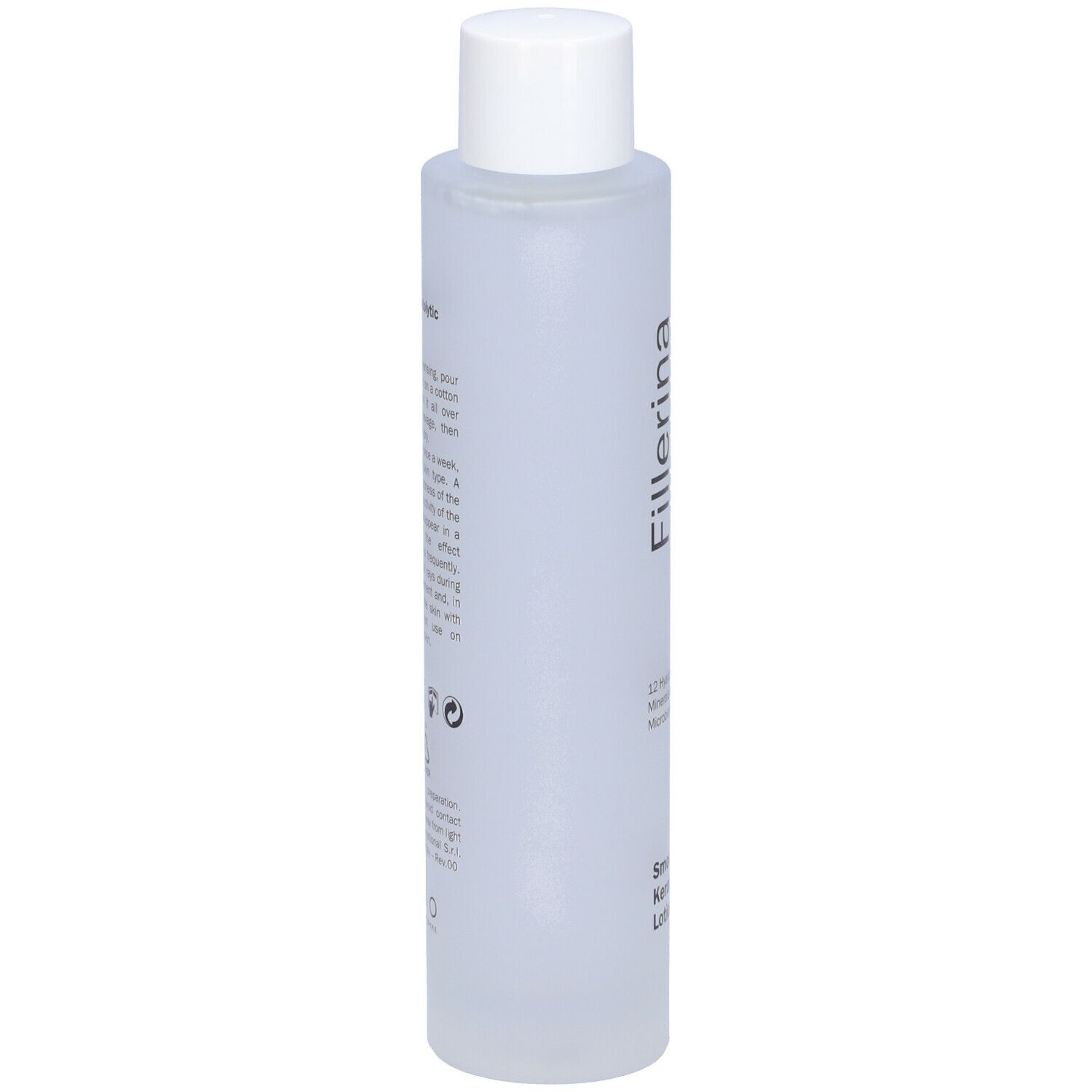 Lozione trasparente in flacone cilindrico con tappo bianco. Scritta Fillerina.