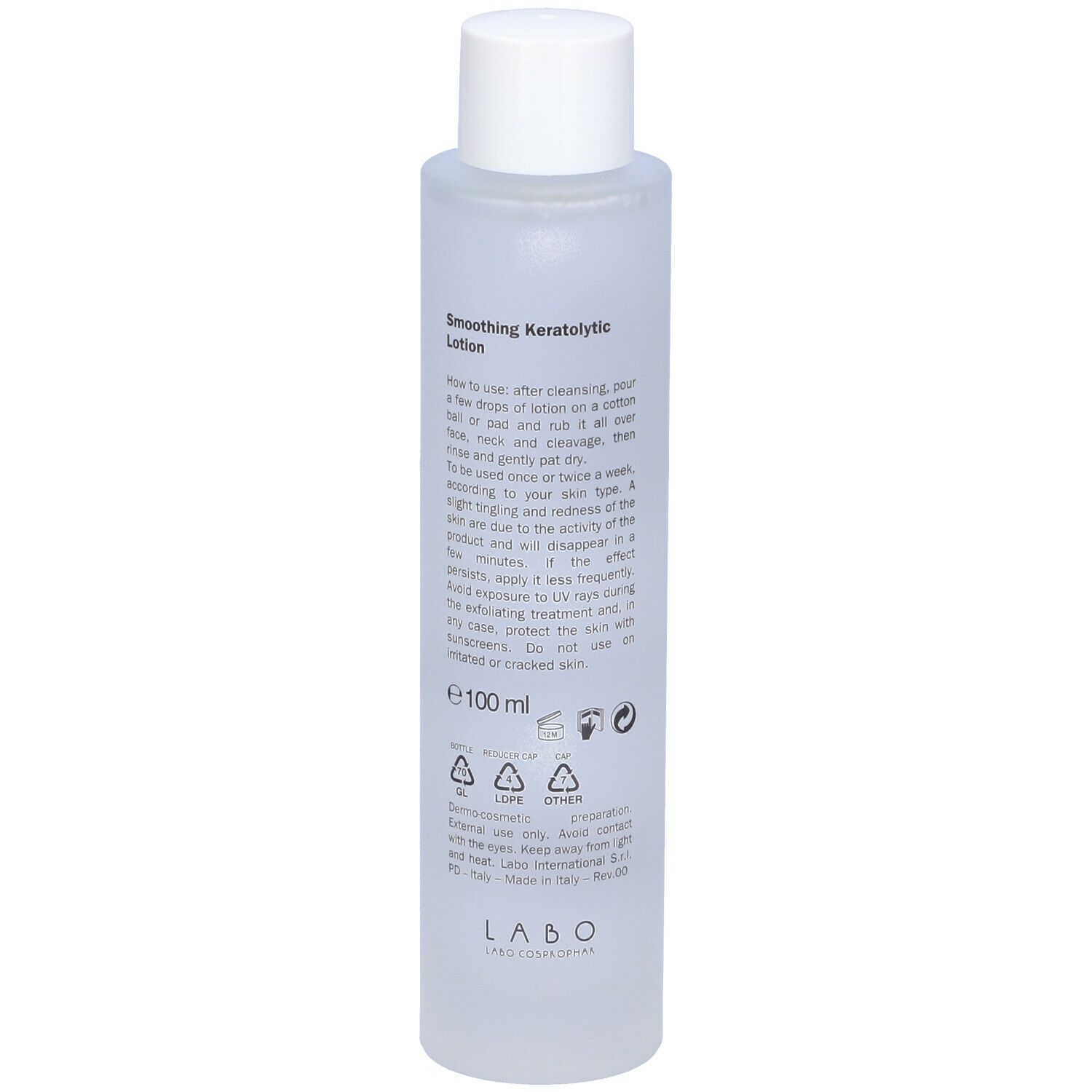 Flacone cilindrico con tappo bianco. Scritta Smoothing Keratolytic Lotion e testo.