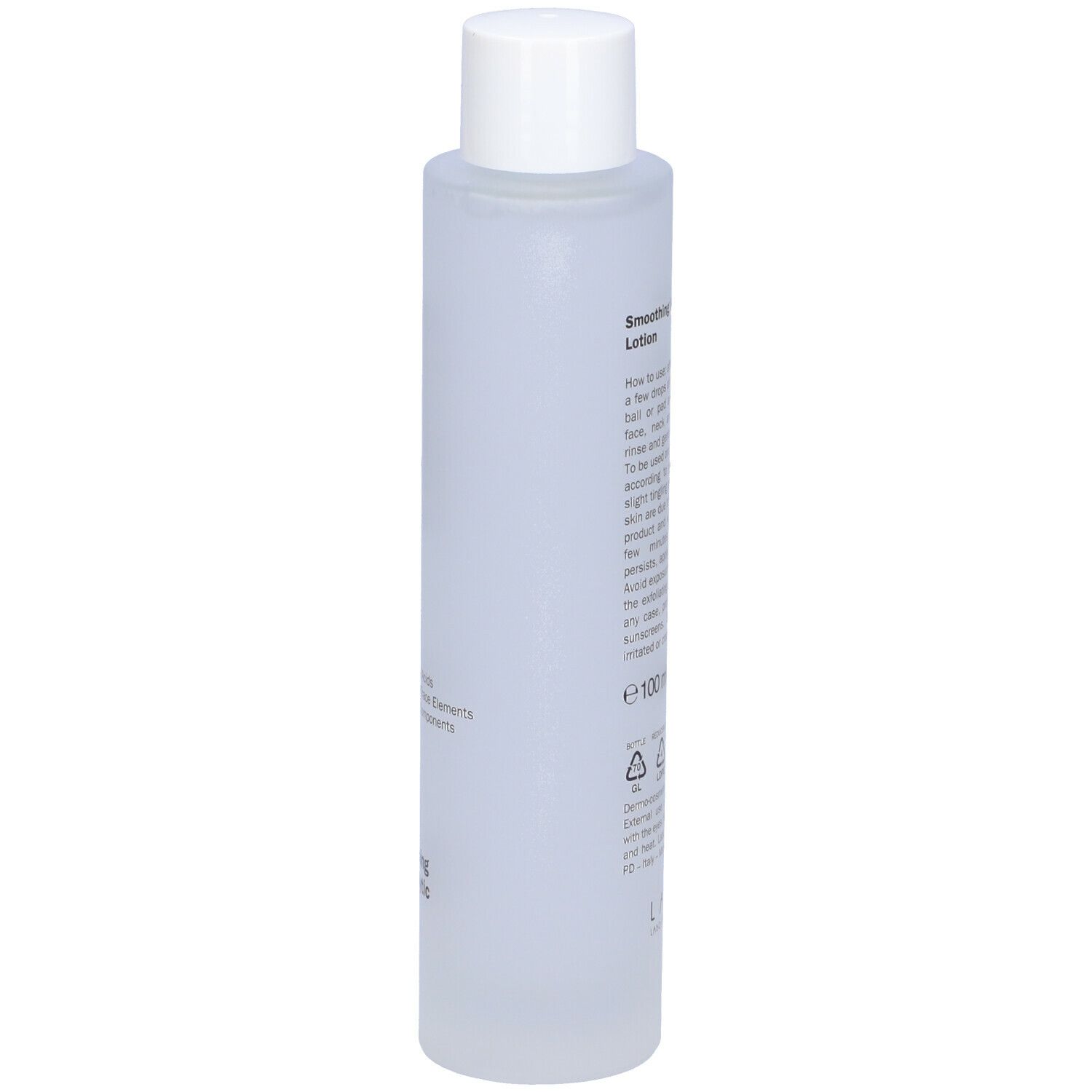 Flacone cilindrico con tappo bianco. Scritta Smoothing Keratolytic Lotion e testo.