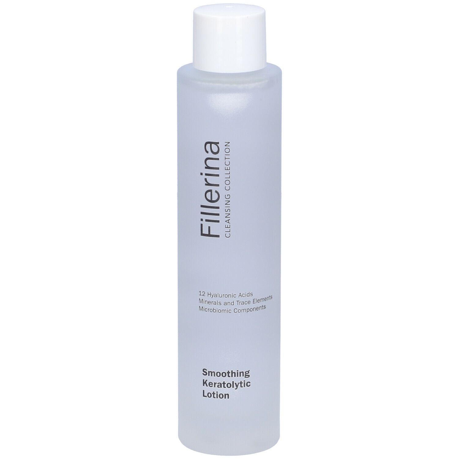 Flacone cilindrico con tappo bianco. Scritta Fillerina Cleansing Collection e testo.