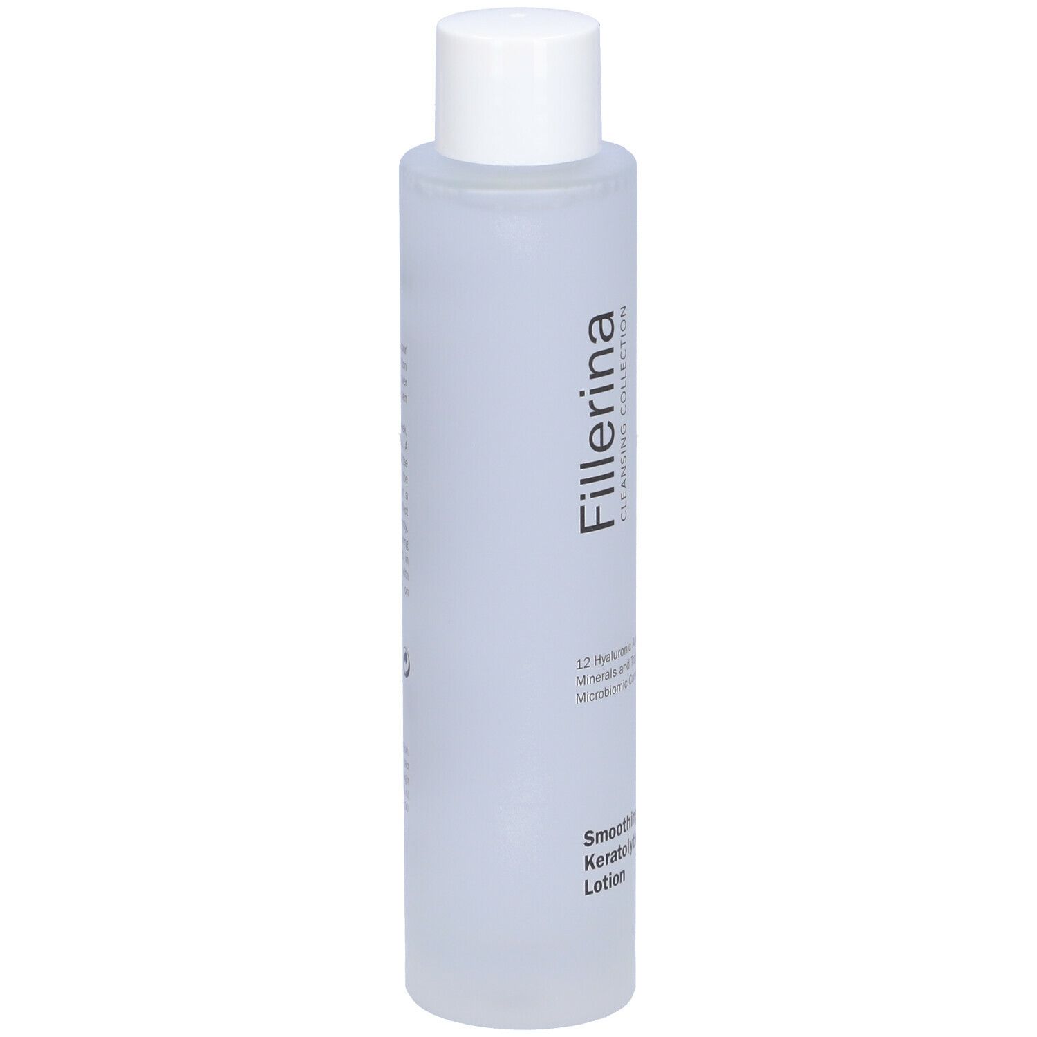 Flacone cilindrico con tappo bianco. Scritta Fillerina Cleansing Collection e testo.