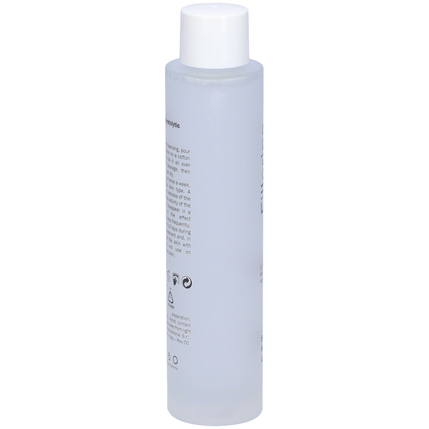 Flacone cilindrico con tappo bianco. Scritta Smoothing Keratolytic Lotion e testo.