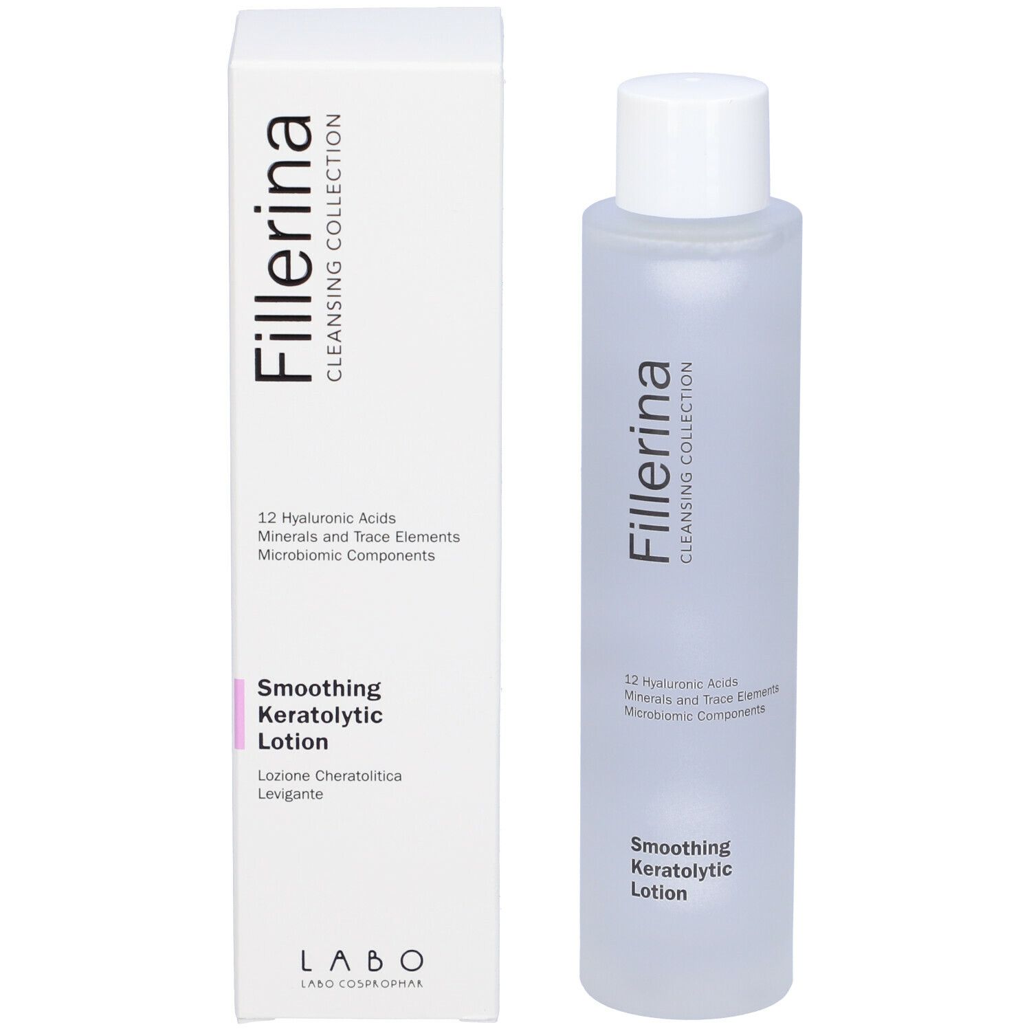 Confezione e flacone. Scritta Fillerina Cleansing Collection, Smoothing Keratolytic Lotion.