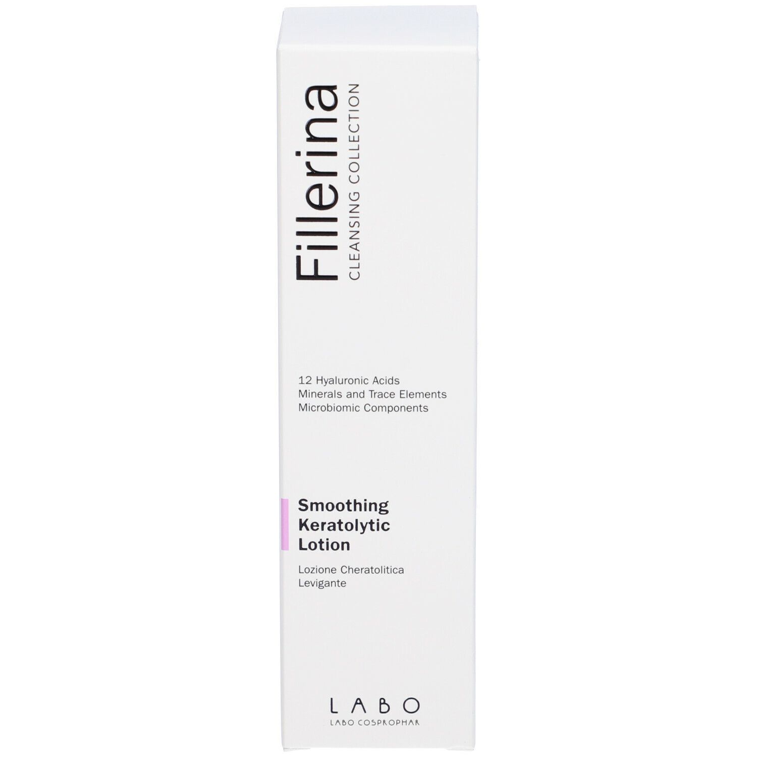 Confezione del prodotto. Scritta Fillerina Cleansing Collection, Smoothing Keratolytic Lotion.
