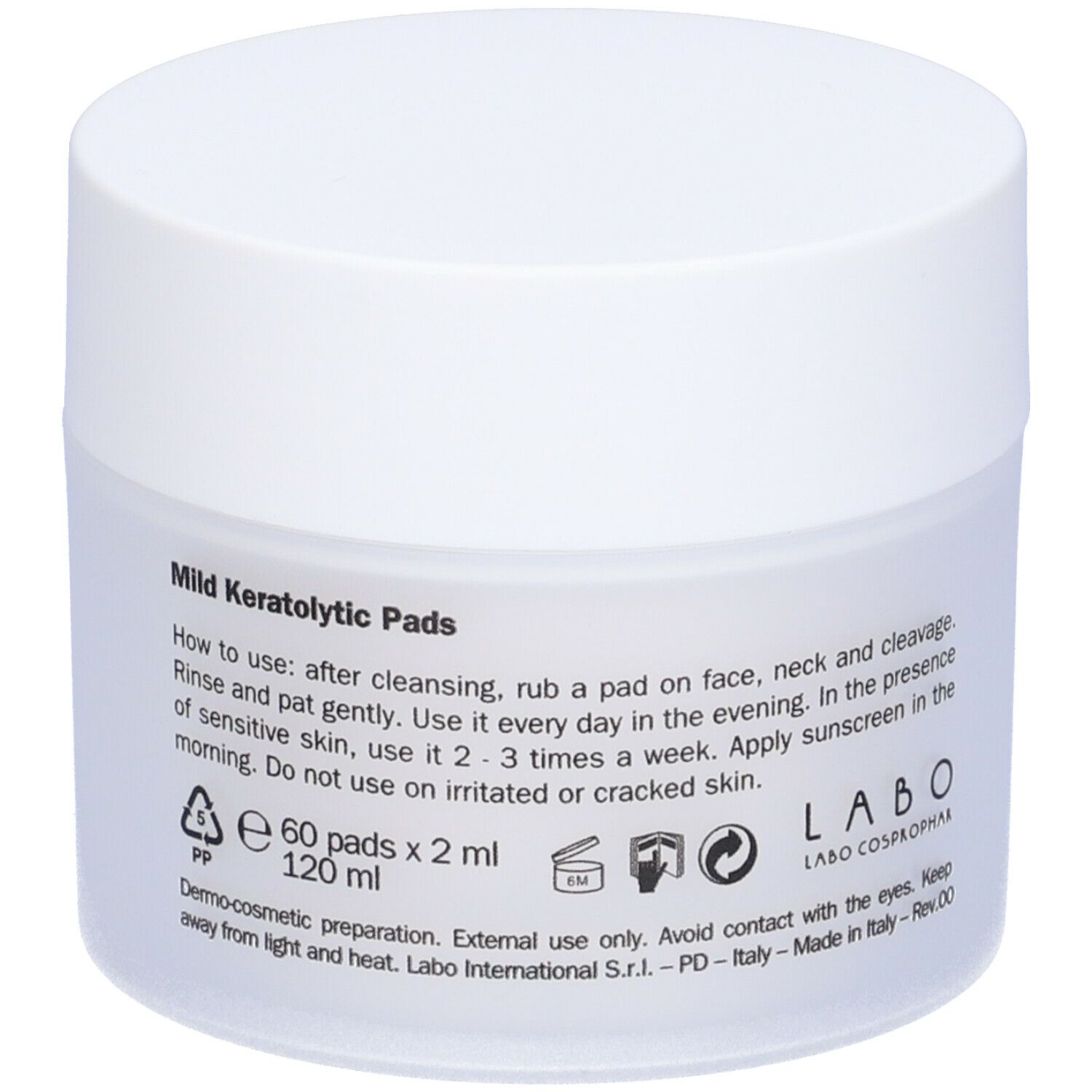 Vaso bianco con coperchio. Scritta Fillerina, Mild Keratolytic Pads. Testo sull'etichetta.