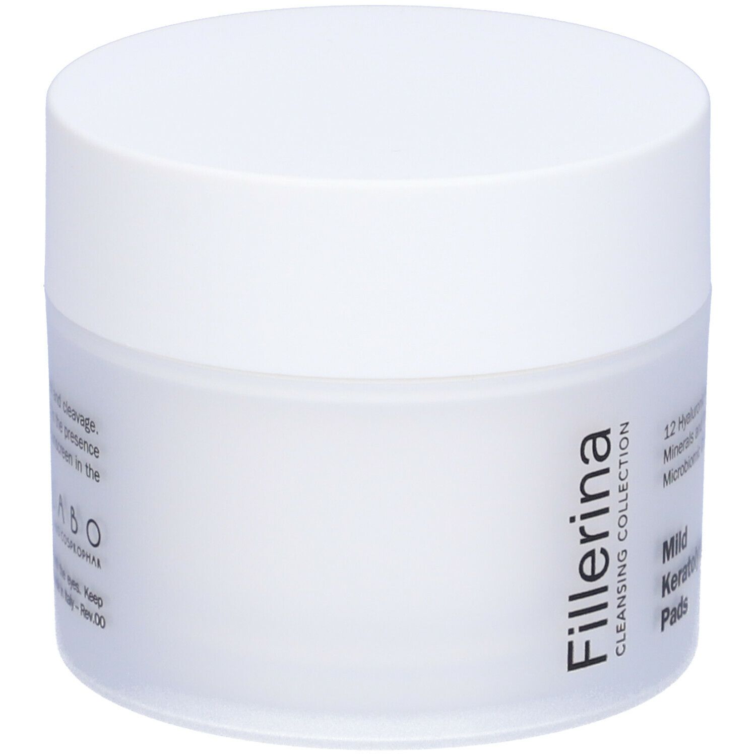 Vaso bianco con coperchio. Scritta Fillerina, Mild Keratolytic Pads. Testo sull'etichetta.