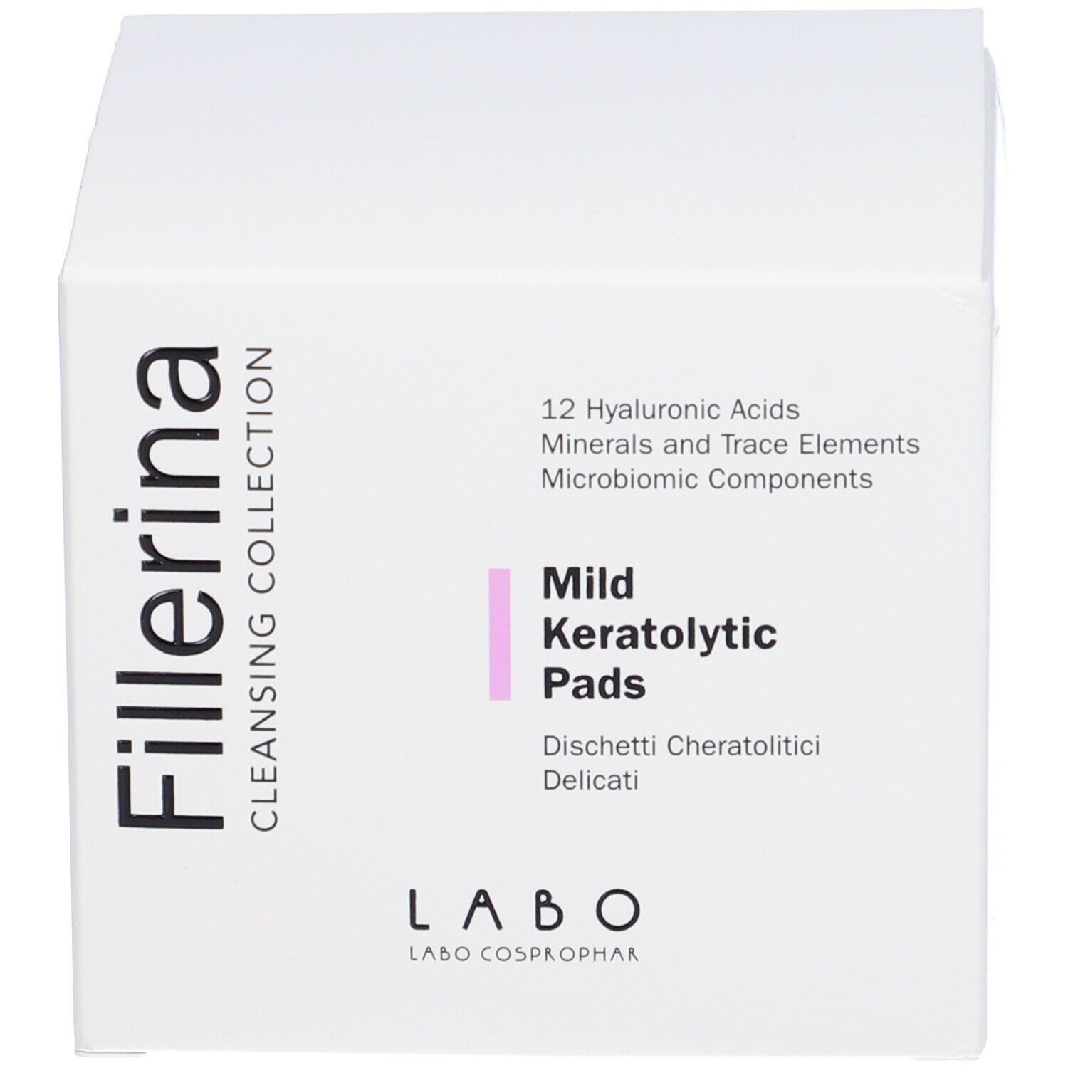 Confezione del prodotto. Scritta Fillerina, Mild Keratolytic Pads. Testo sulla confezione.