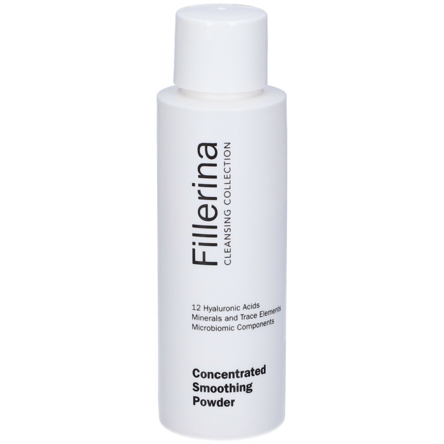 Flacone bianco con tappo a vite. Scritta Fillerina, Cleansing Collection, Concentrated Smoothing Powder.
