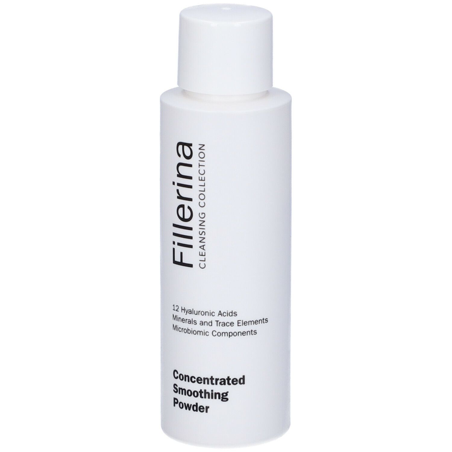 Flacone bianco con tappo a vite. Scritta Fillerina, Cleansing Collection, Concentrated Smoothing Powder.