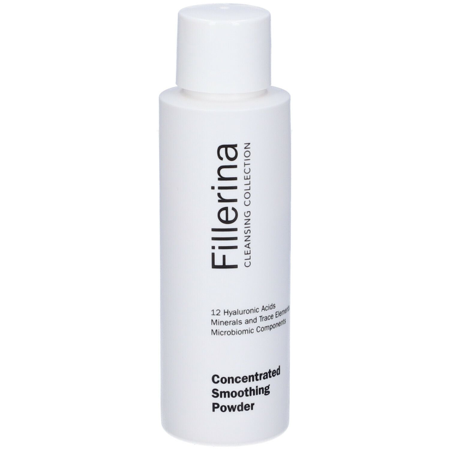 Flacone bianco con tappo a vite. Scritta Fillerina, Cleansing Collection, Concentrated Smoothing Powder.