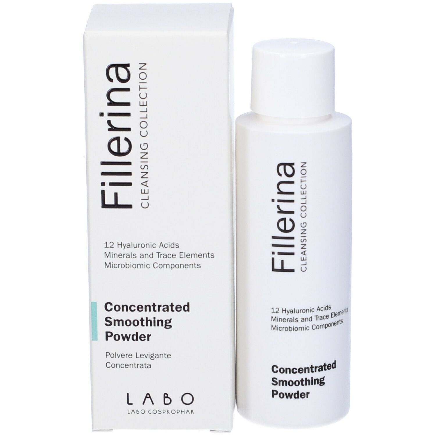 Flacone bianco e scatola. Scritta Fillerina, Cleansing Collection, Concentrated Smoothing Powder.