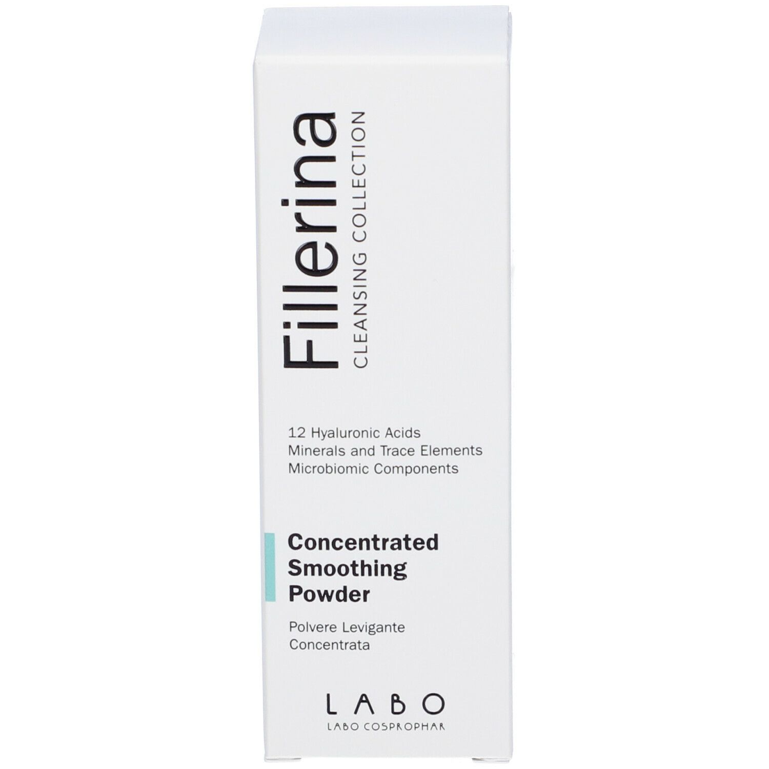 Scatola bianca alta. Scritta Fillerina, Cleansing Collection, Concentrated Smoothing Powder.