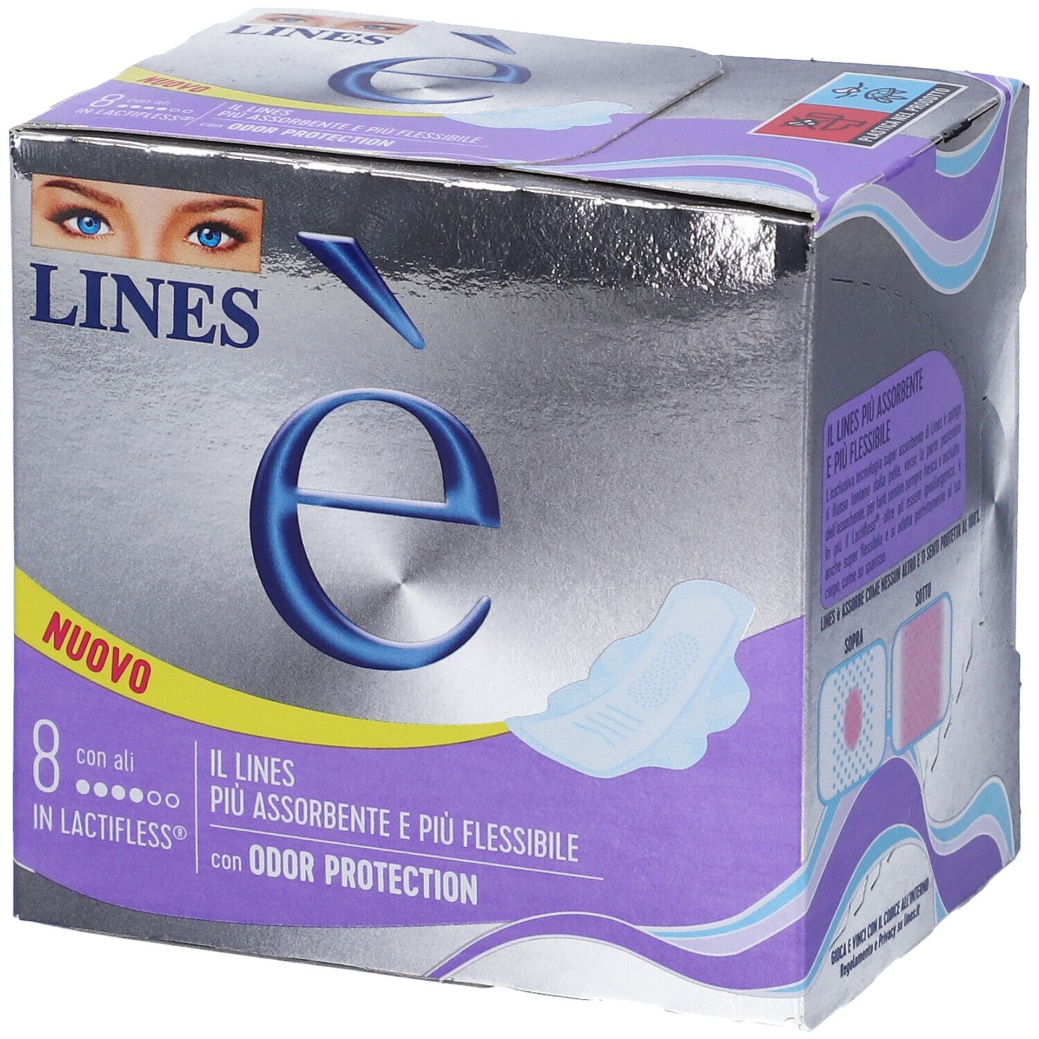 Scatola di assorbenti LINES è con Ali, 8 pezzi, con ali. Confezione argento e viola.