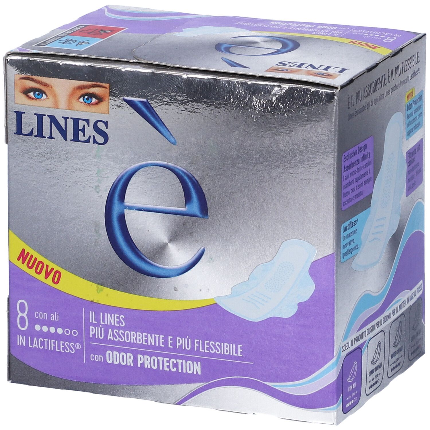 Scatola di assorbenti LINES è con Ali, 8 pezzi, con ali. Confezione argento e viola.