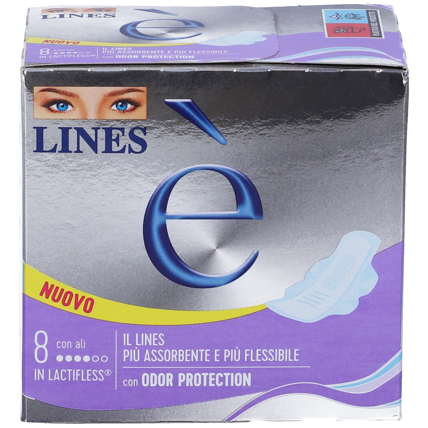 Scatola di assorbenti LINES è con Ali, 8 pezzi, con ali. Confezione argento e viola.