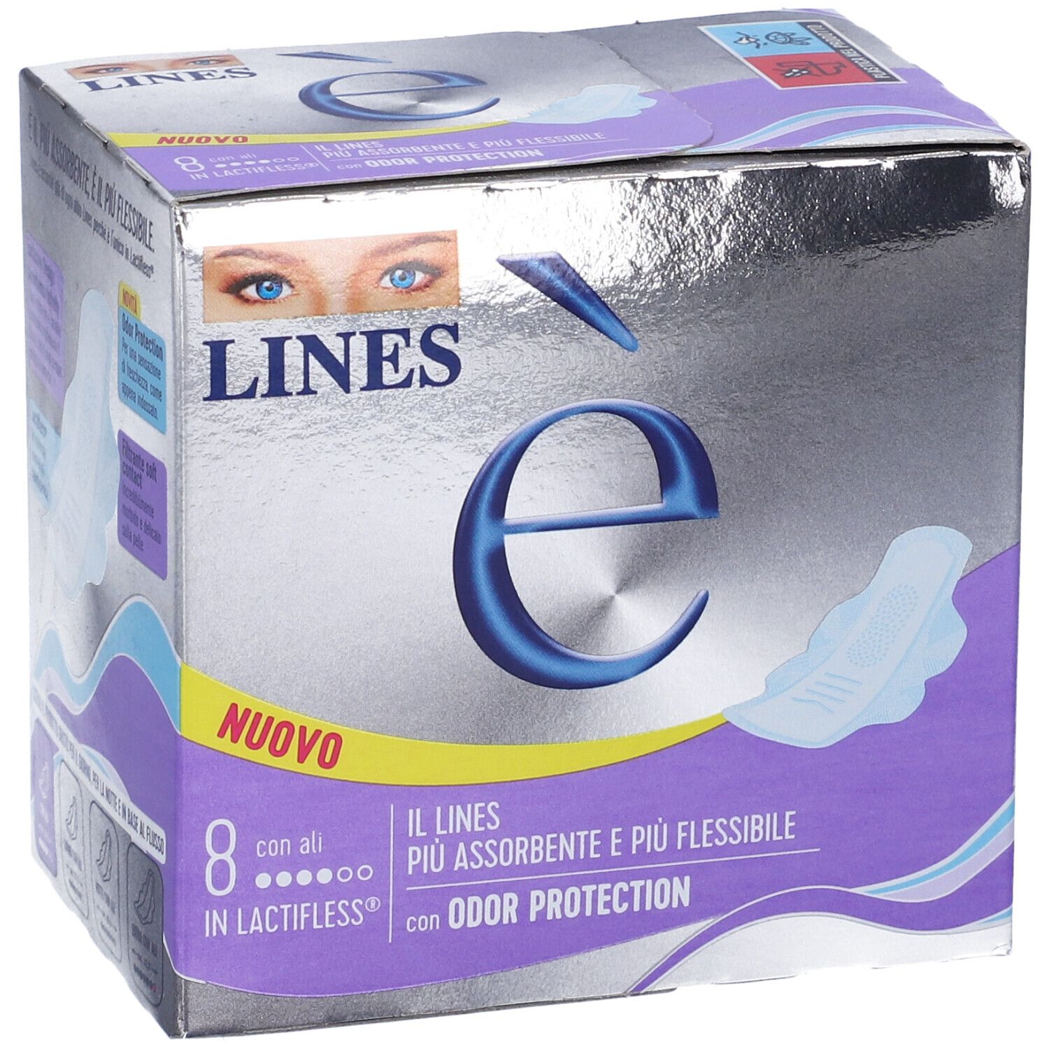 Scatola di assorbenti LINES è con Ali, 8 pezzi, con ali. Confezione argento e viola.